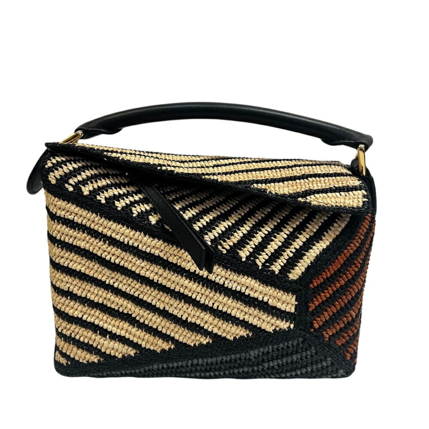 LOEWE Puzzle Edge Small Shoulder Bag in Raffia and Calfskin, Multicolor