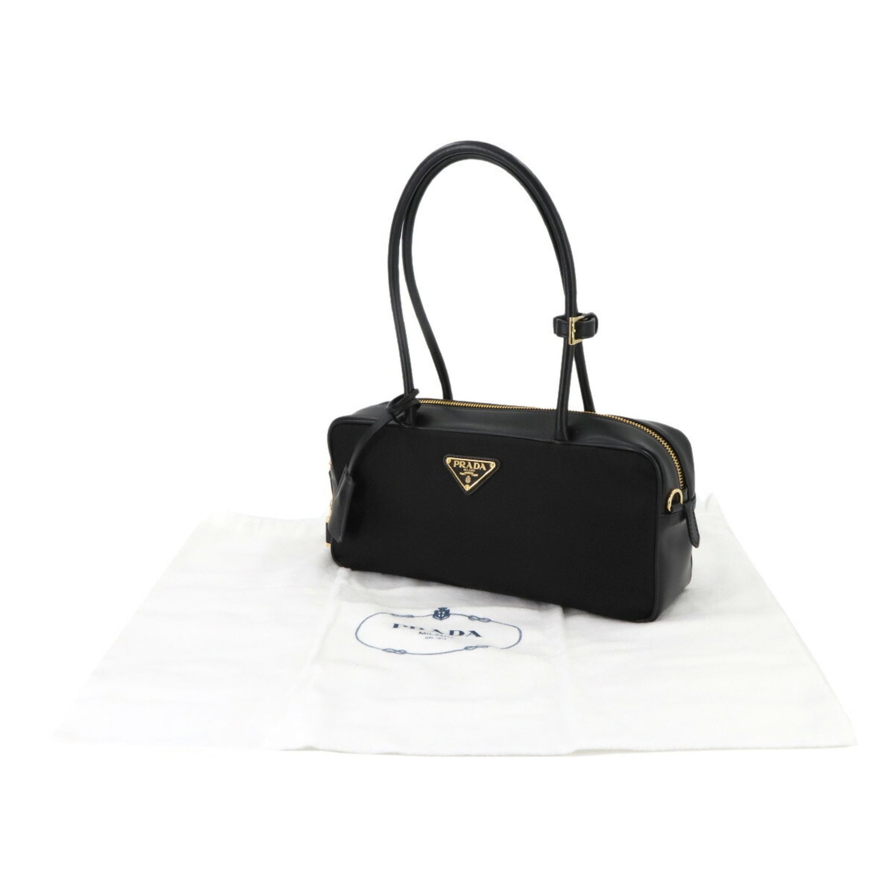 Prada Handbag Nylon Leather Nero Gold Hardware