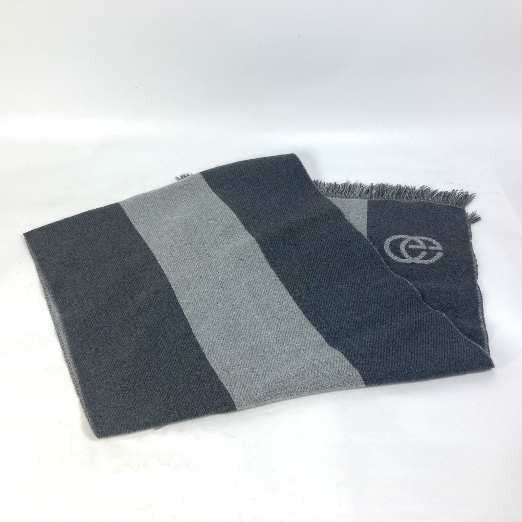 GUCCI Fringe Logo GG Stripe Wool Scarf