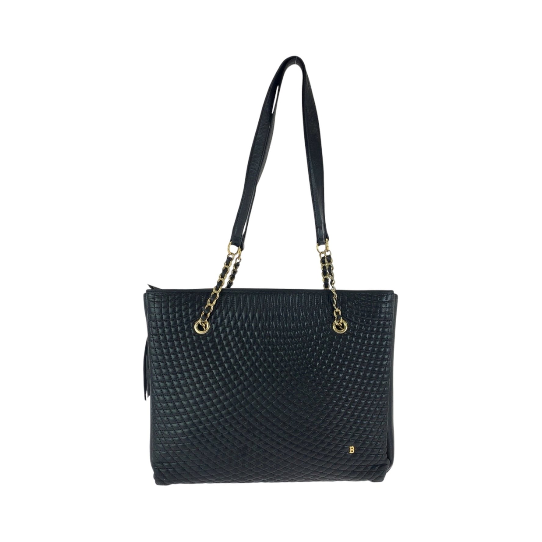 BALLY Vintage Quilted Fringe Black Leather Chain Tote Bag with Gold Hardware for Women