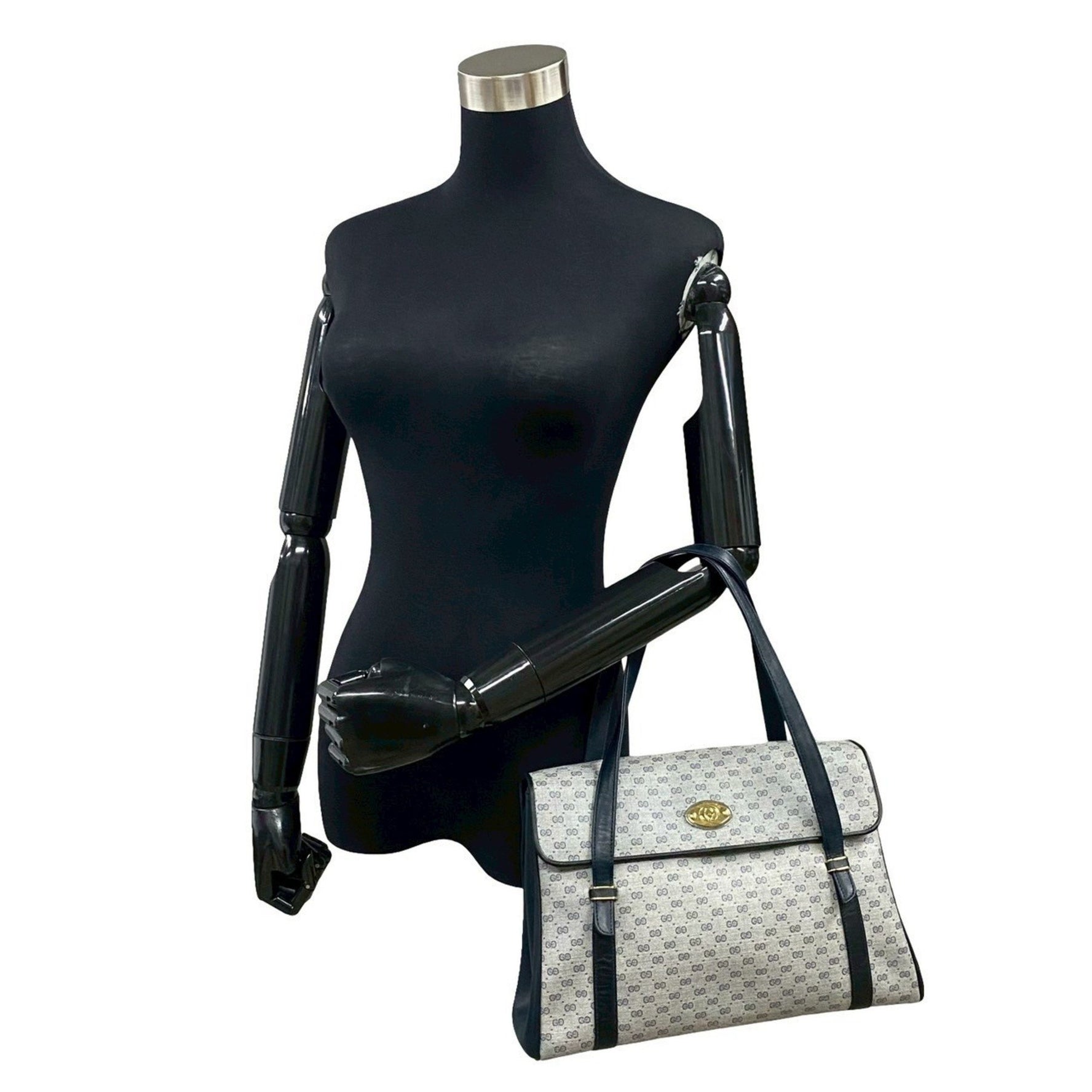GUCCI Old Gucci Micro GG Logo Hardware Leather Handbag Mini Tote Bag Navy