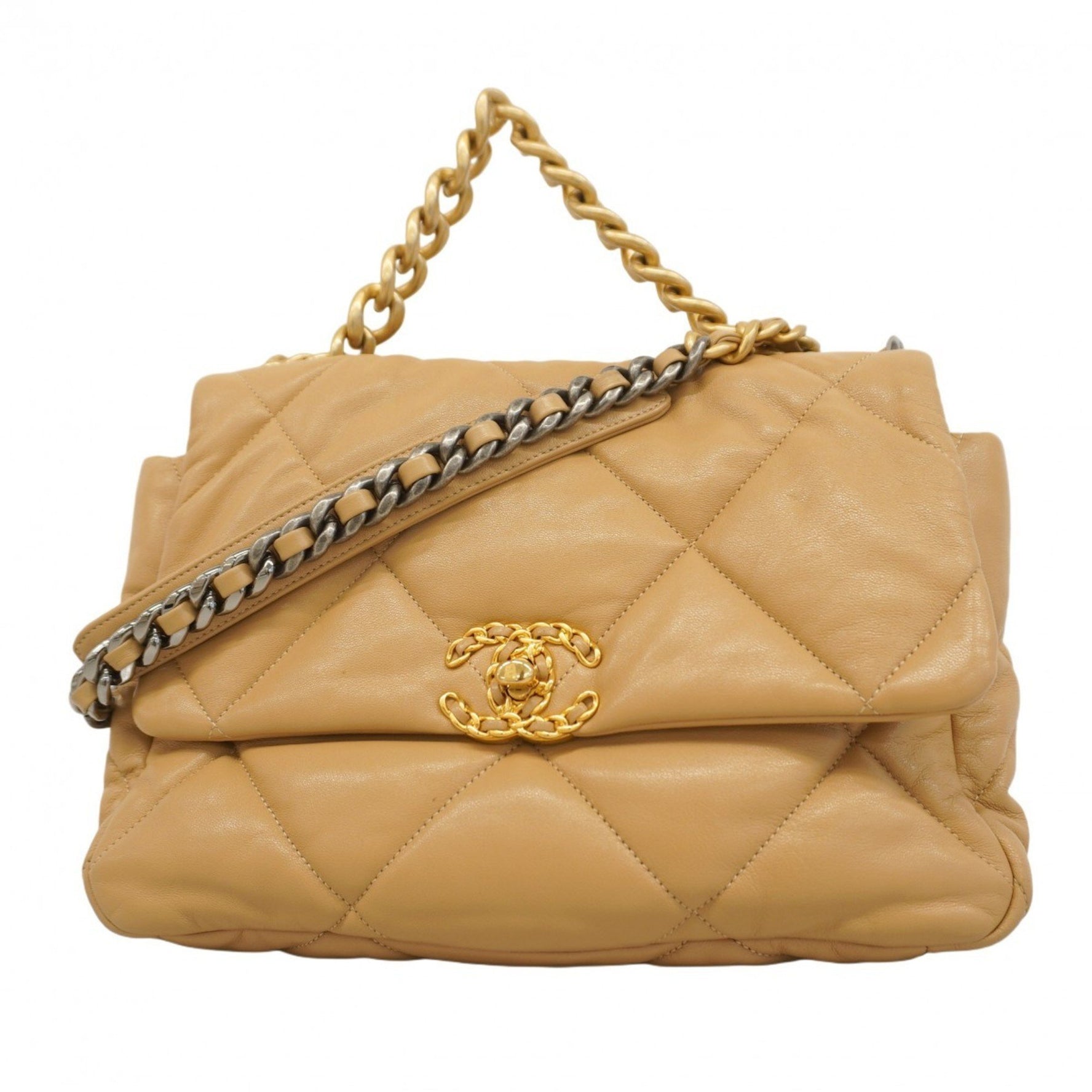 Chanel 19 Lambskin Handbag with Chain Shoulder Strap, Light Brown and Gold, Bag