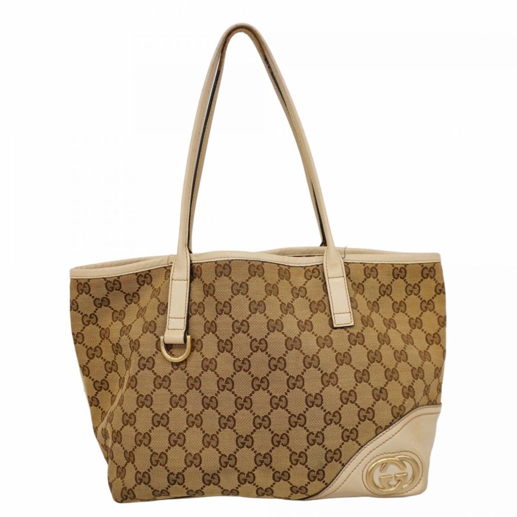 Gucci GG Canvas Interlocking G Tote Bag Brown Ivory Champagne Women's