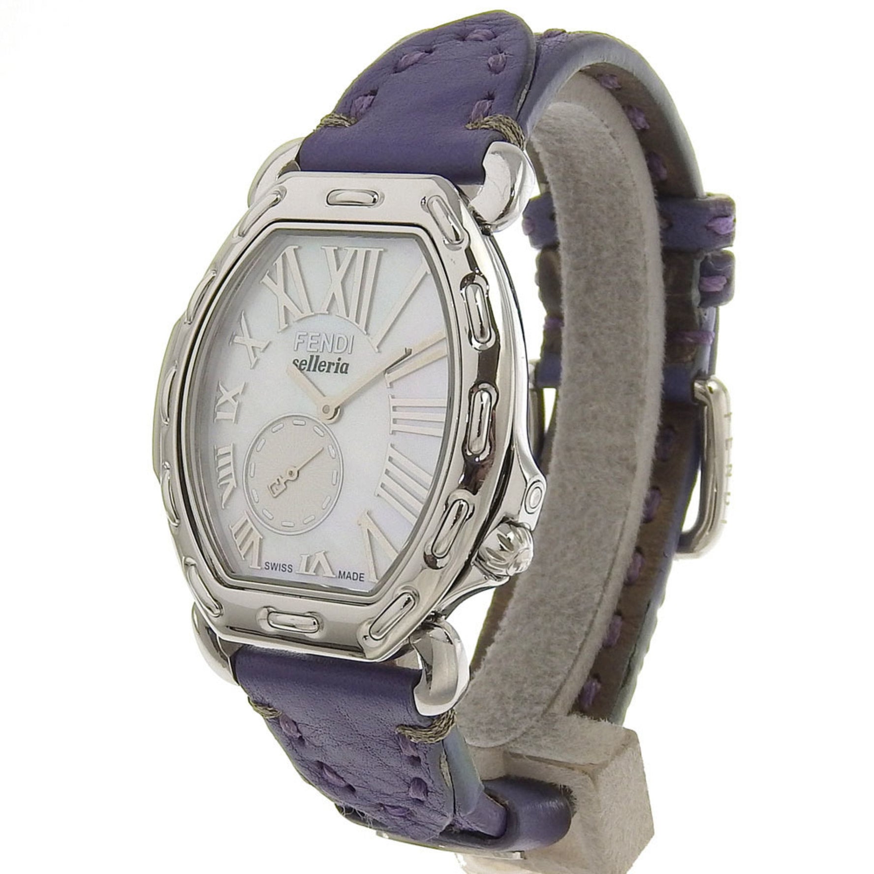 FENDI Celeria Watch 8400M Stainless Steel x Embossed Leather Quartz Small Second White Shell Dial Boys