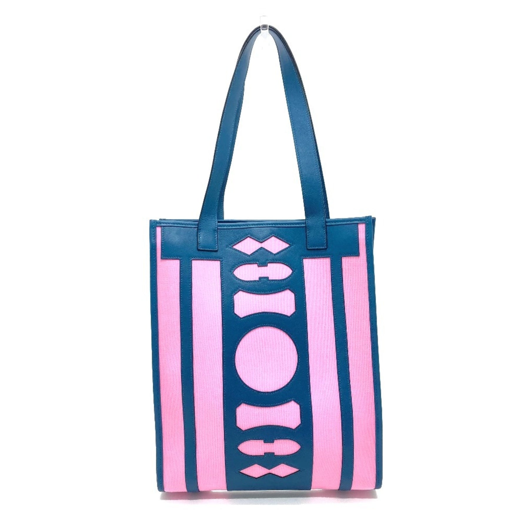 HERMES Petit H Dreamcatcher Shoulder Tote Bag in Leather/Canvas, Navy and Pink