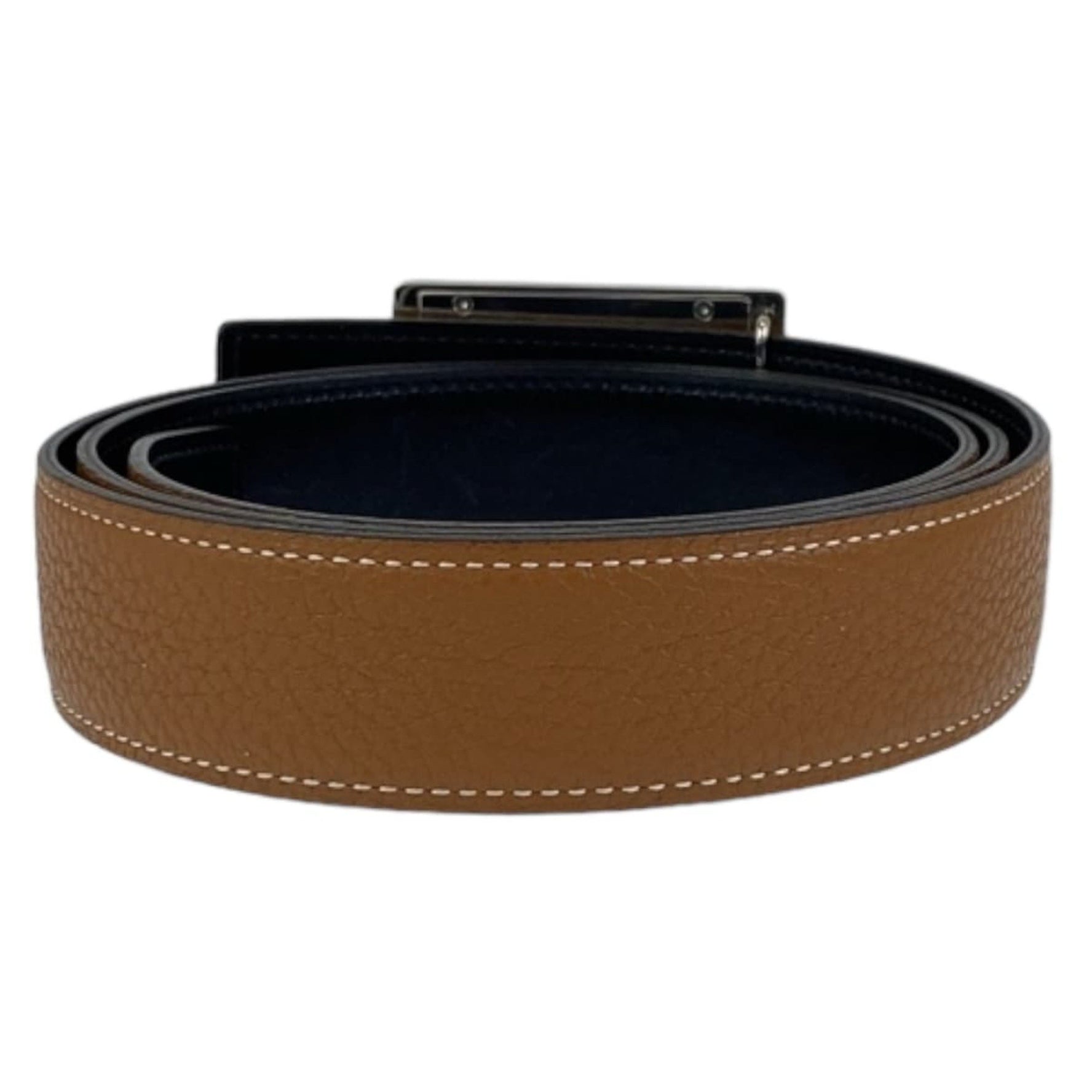 HERMES Stud Buckle Gold Camel Brown Silver Hardware Togo Box Calf Belt □P Engraved