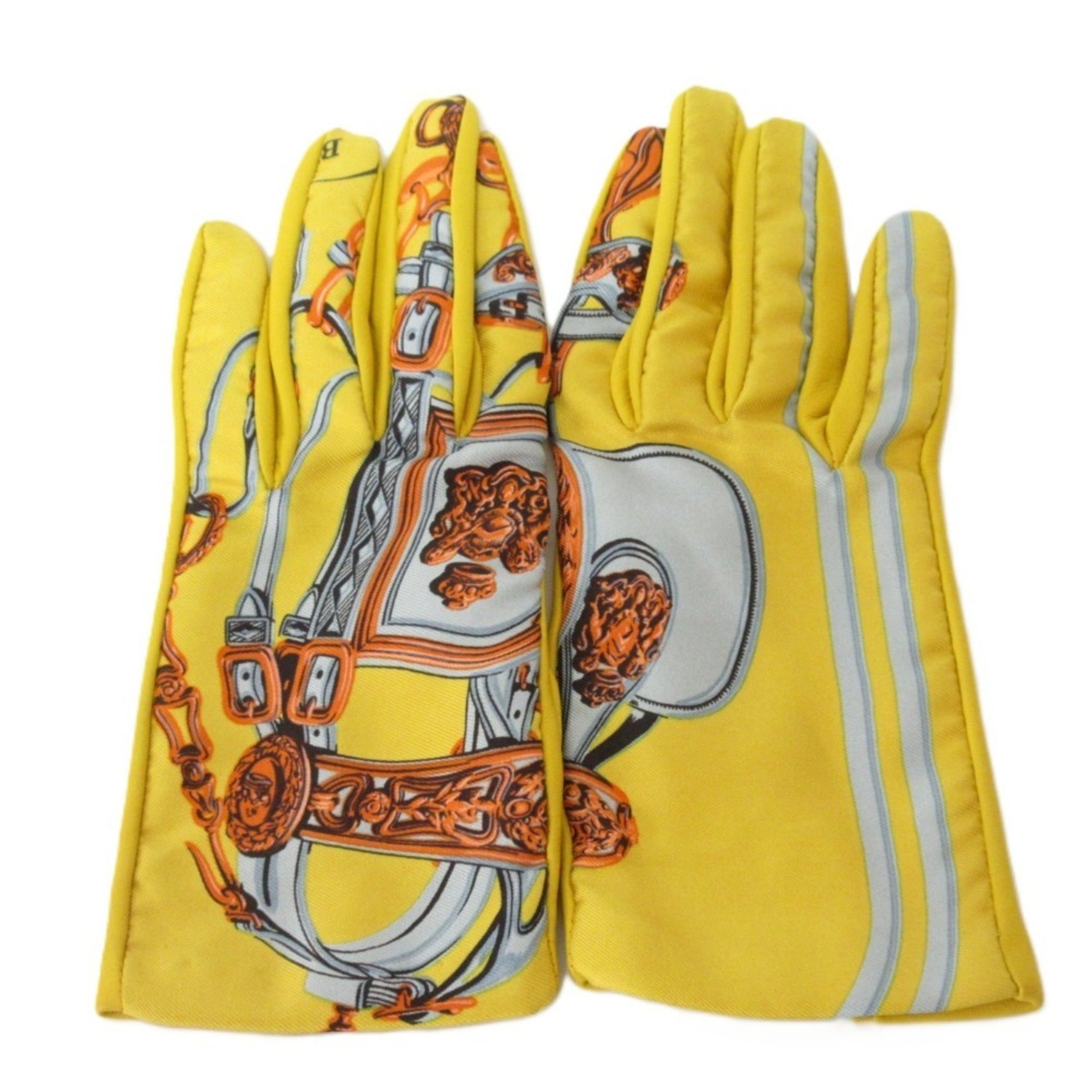 HERMES Twill Silk Lambskin Gloves 7 Yellow Multicolor Women's