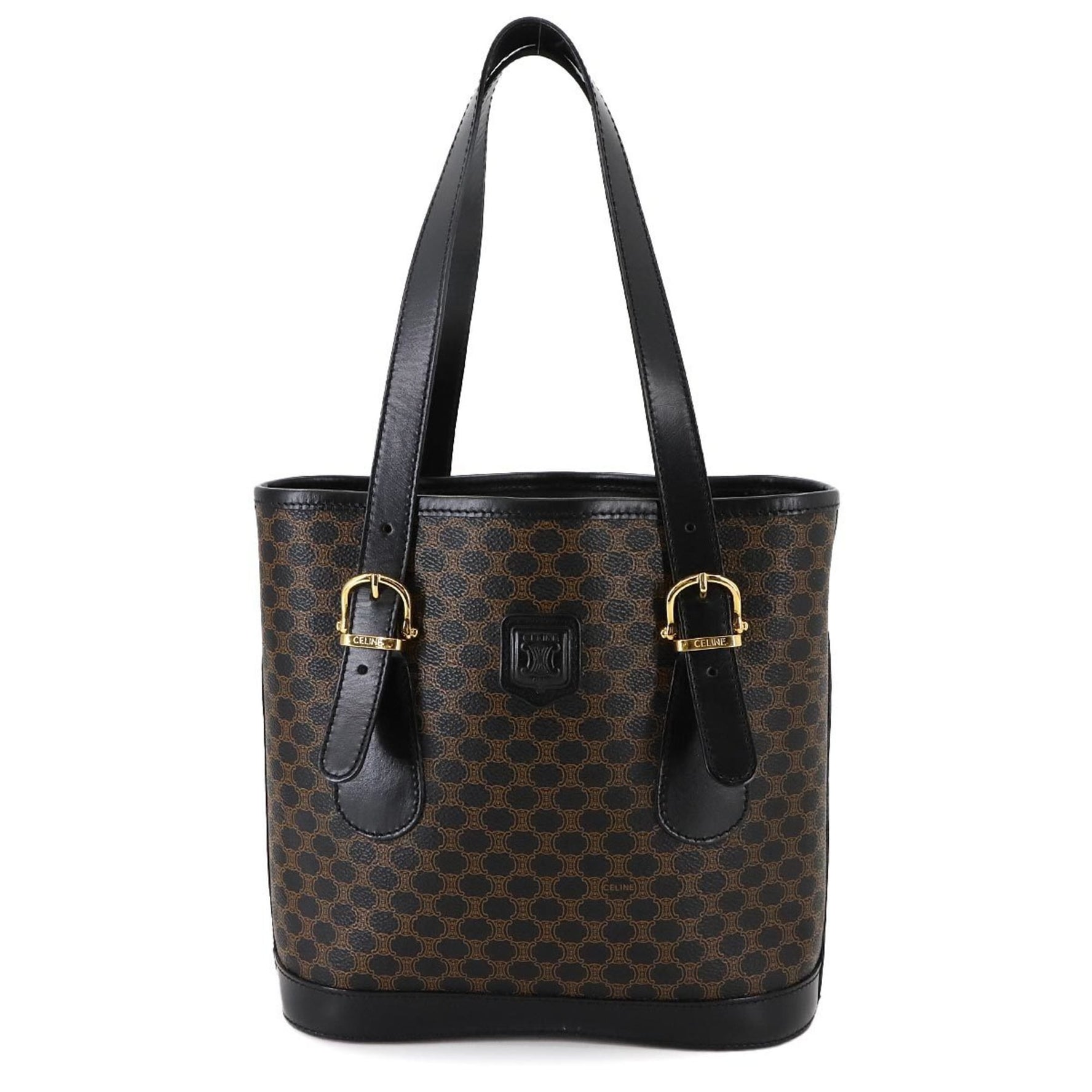 Celine Macadam Tote Bag in black, brown, and gold hardware.