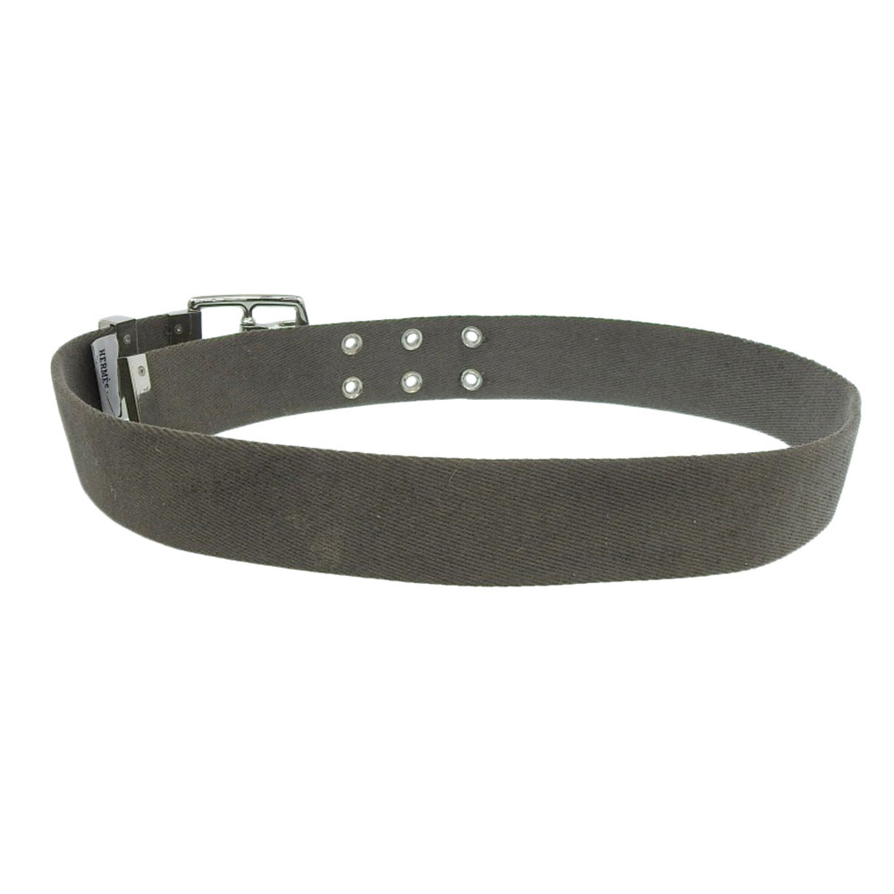 HERMES Etrivier Wool Canvas Eyelet Belt 85 Khaki Grey Men's