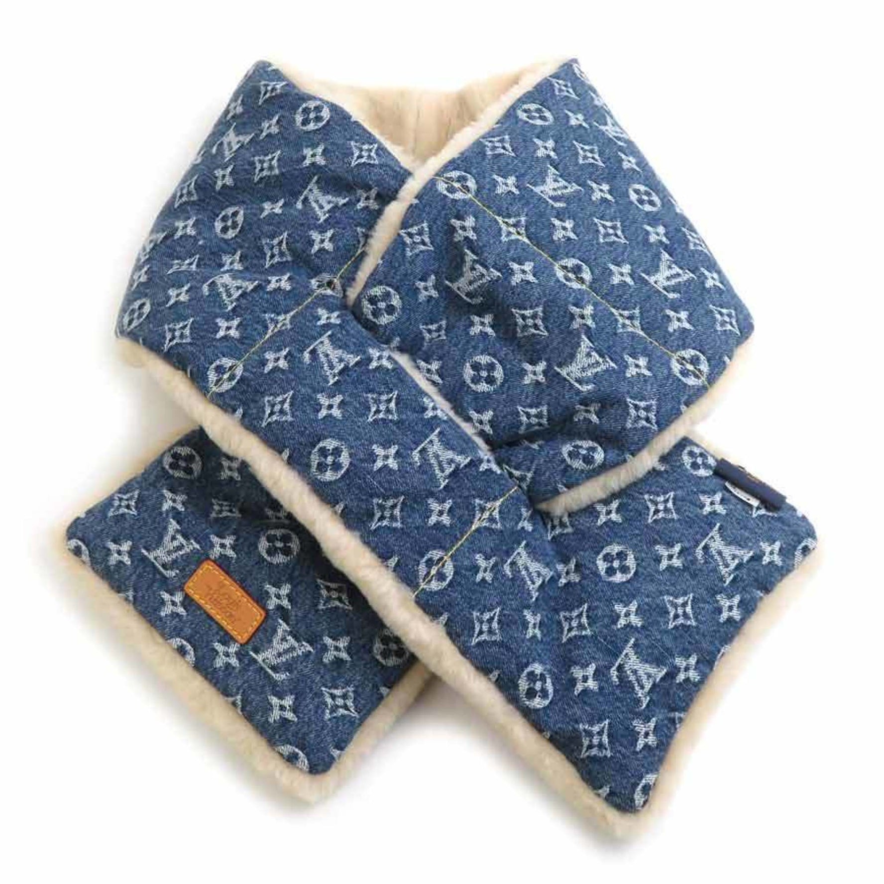 Louis Vuitton Scarf NIGO Collaboration Monogram Denim Echarpe Shearling Fur Blue x Beige Men's Women's MP2703 90052a