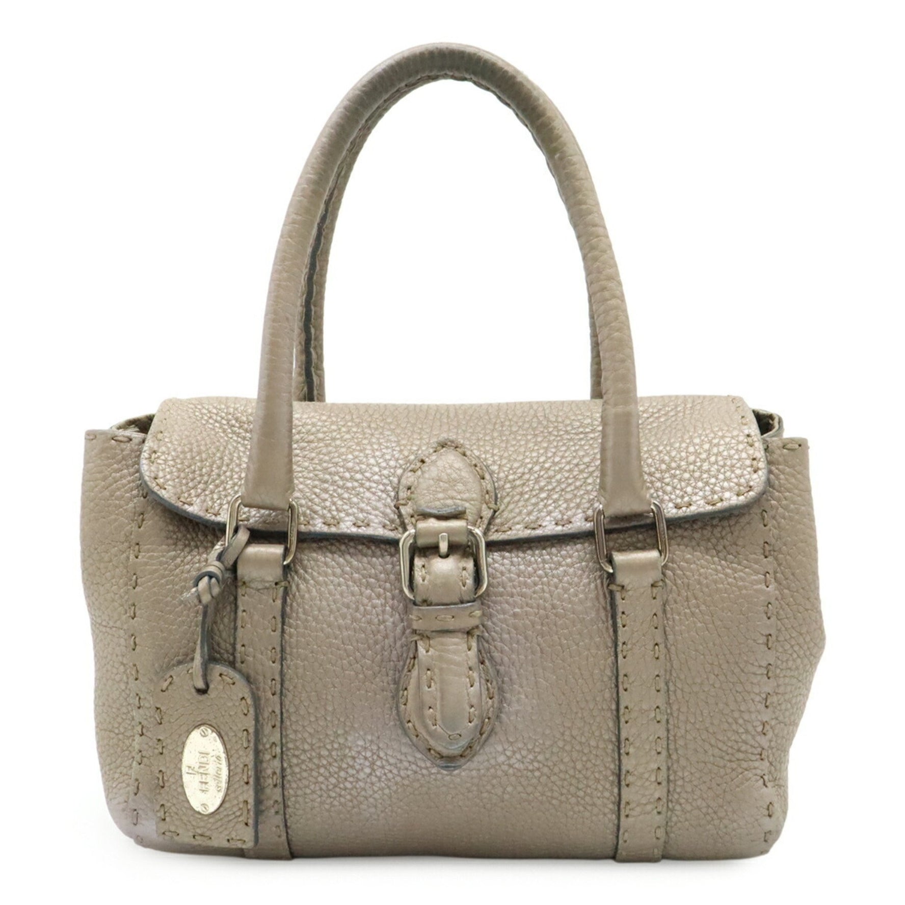 FENDI Selleria Mini Linda Handbag Metallic Leather Champagne Silver