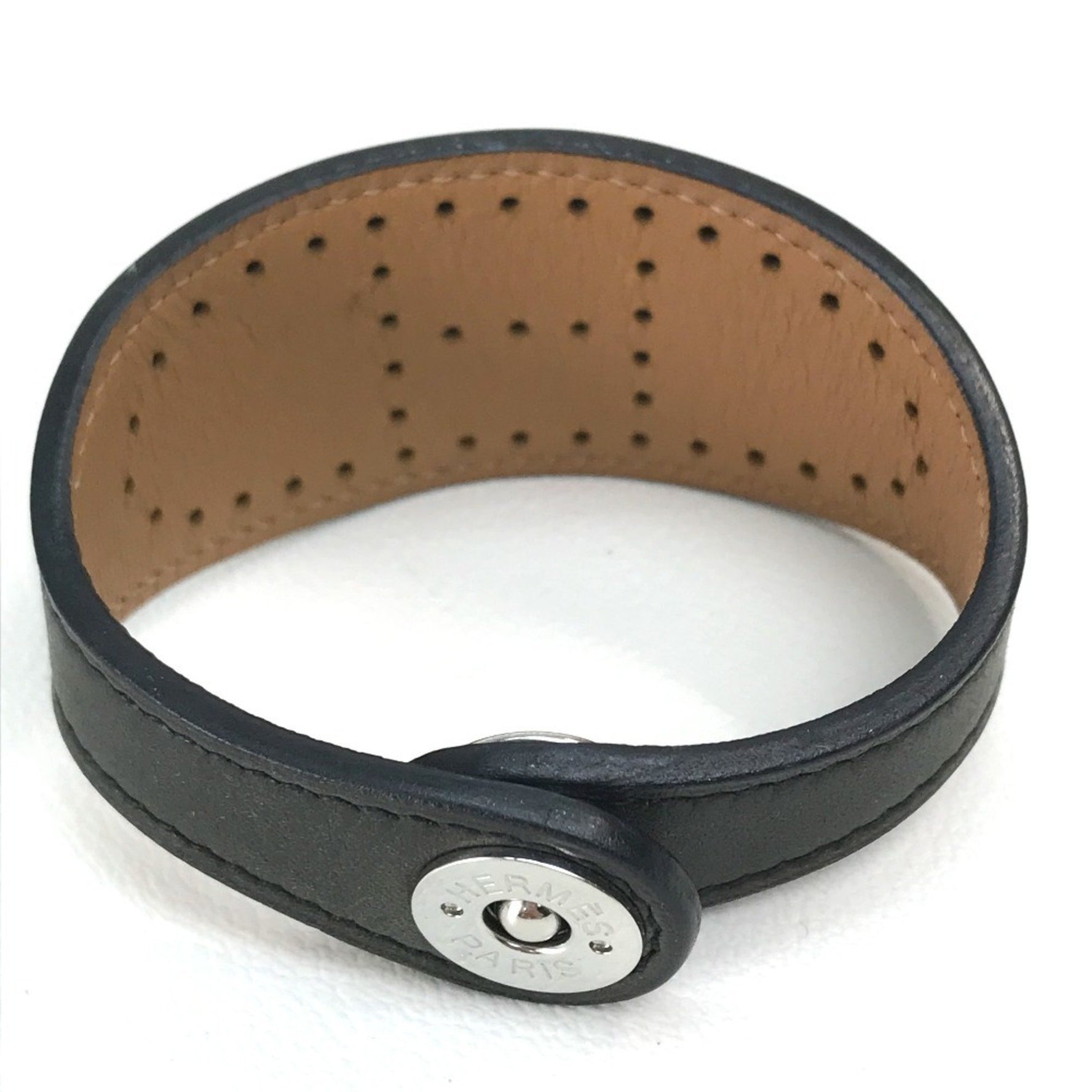 HERMES Evelyn Punched Leather Bracelet, Unisex, Black/Brown
