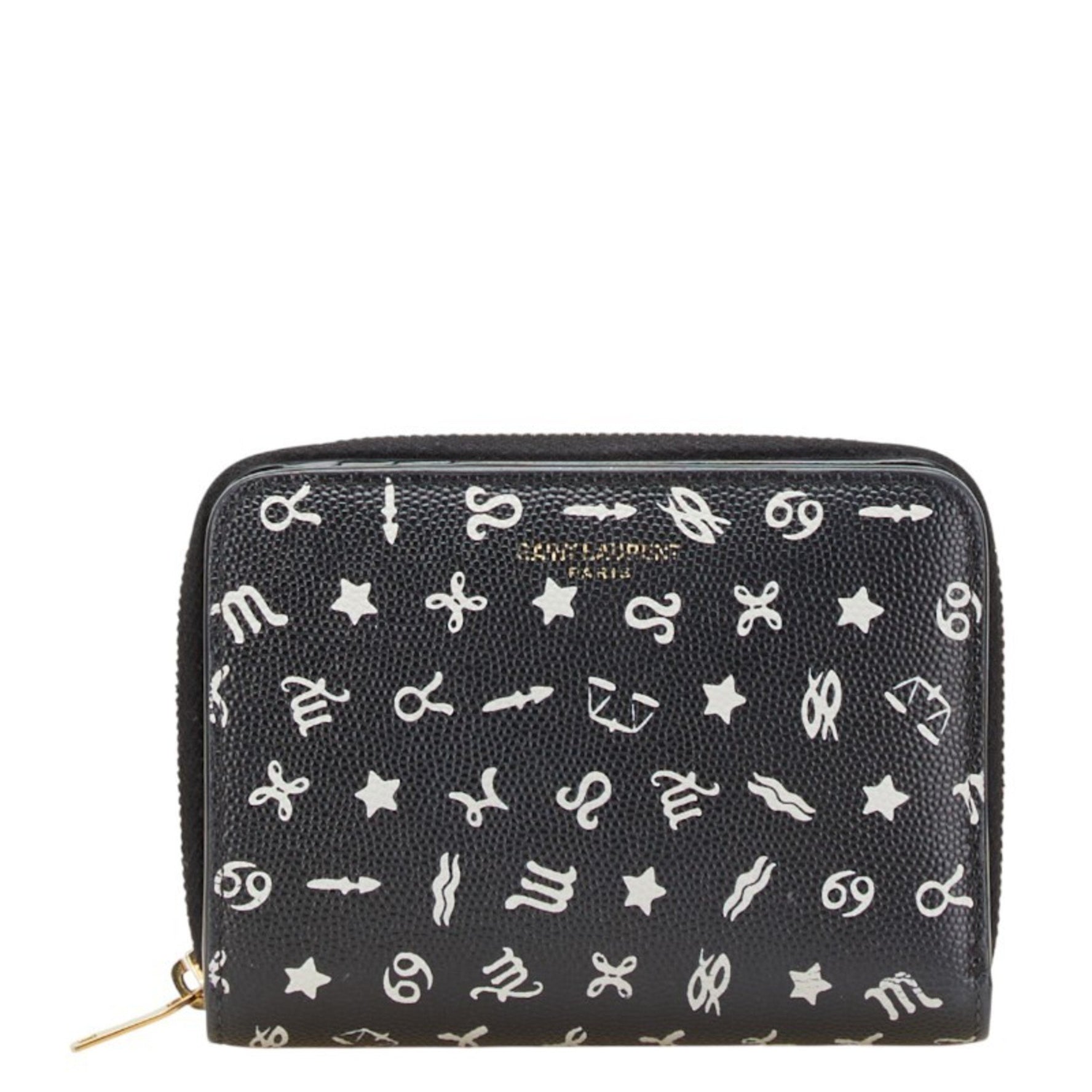 Saint Laurent Zodiac Print Round Bi-fold Wallet Black White Leather Women's SAINT LAURENT