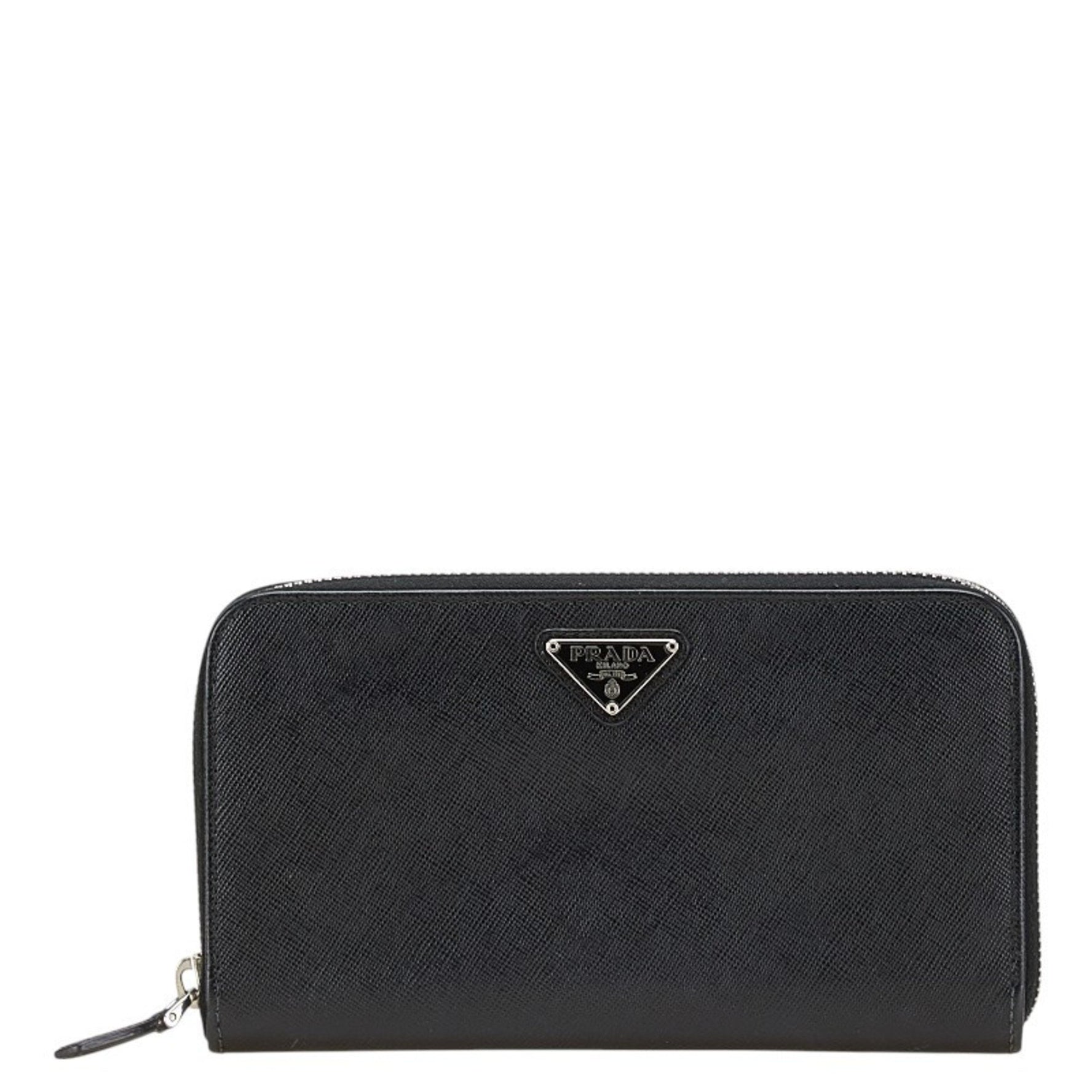 Prada Triangle Logo Plate Long Wallet Round Zipper Black Leather Men's PRADA