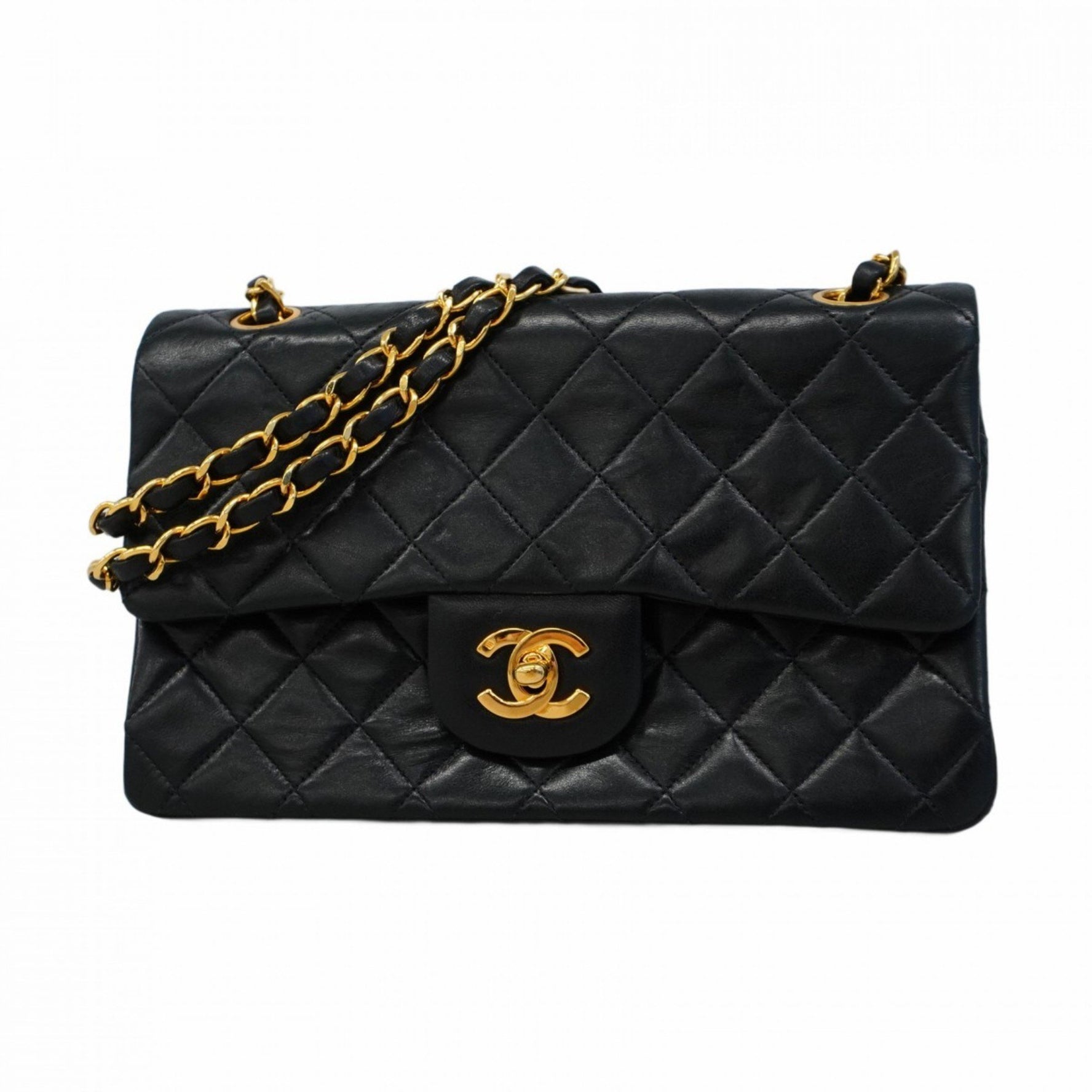 Chanel Matelasse Shoulder Bag with Double Flap and Chain, Lambskin, Black, Women's