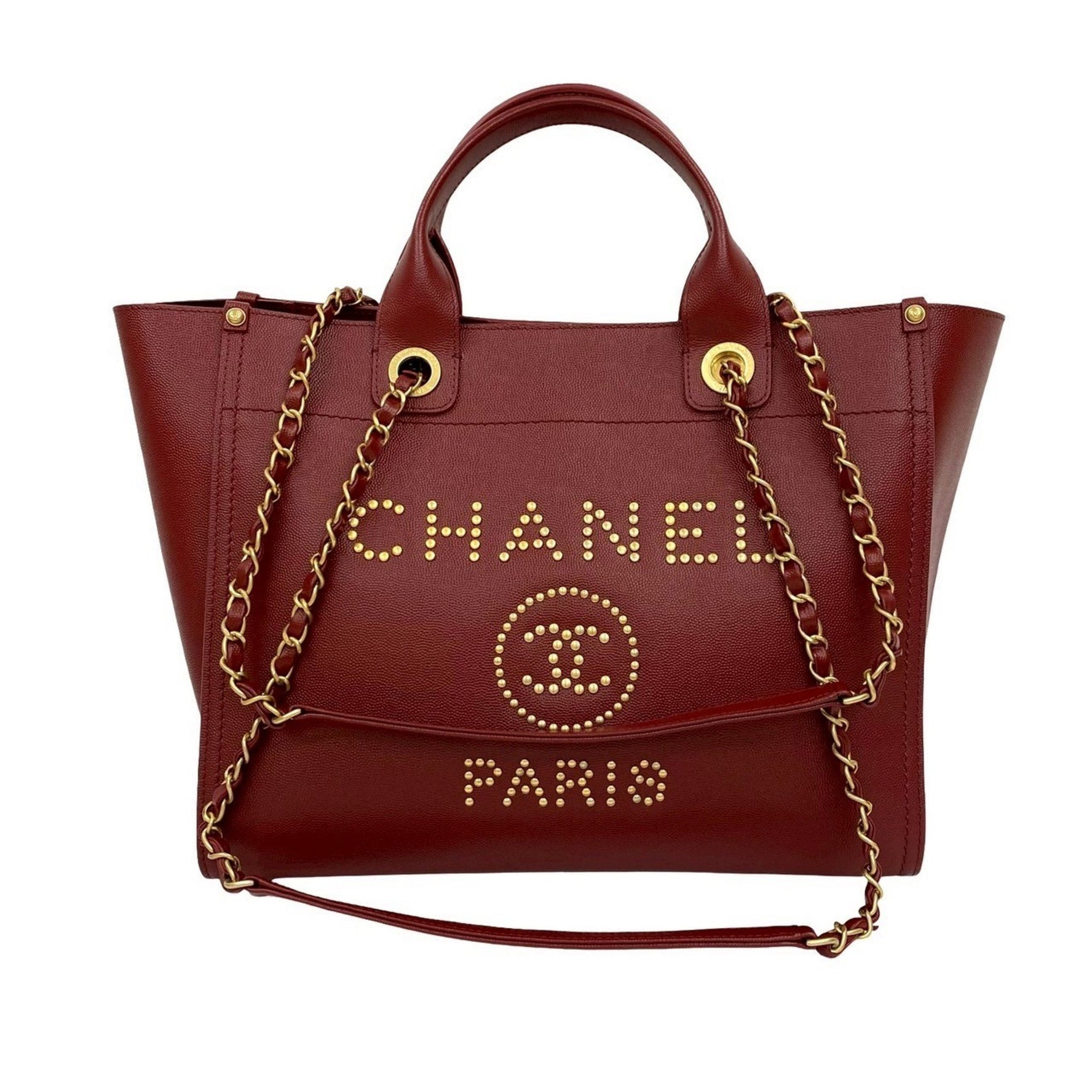 CHANEL Deauville Caviar Leather Handbag/Semi-Shoulder Bag, Red