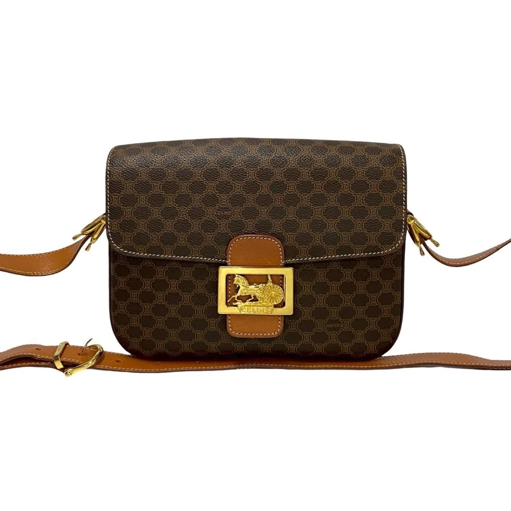 CELINE Macadam Blason Triomphe Print Logo with Horse-Drawn Carriage Hardware Leather Shoulder Bag/Pochette/Sacoche in