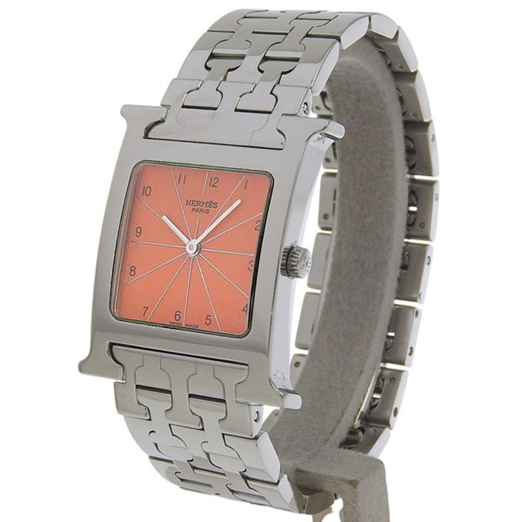 Hermes H Watch Wristwatch Stainless Steel Quartz Analog Display Orange Dial Heure