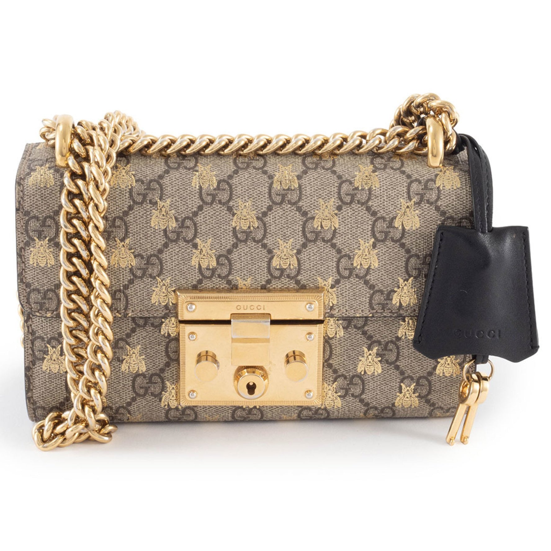 Gucci Bee GG Supreme Leather Padlock Chain Shoulder Bag, Beige, Small