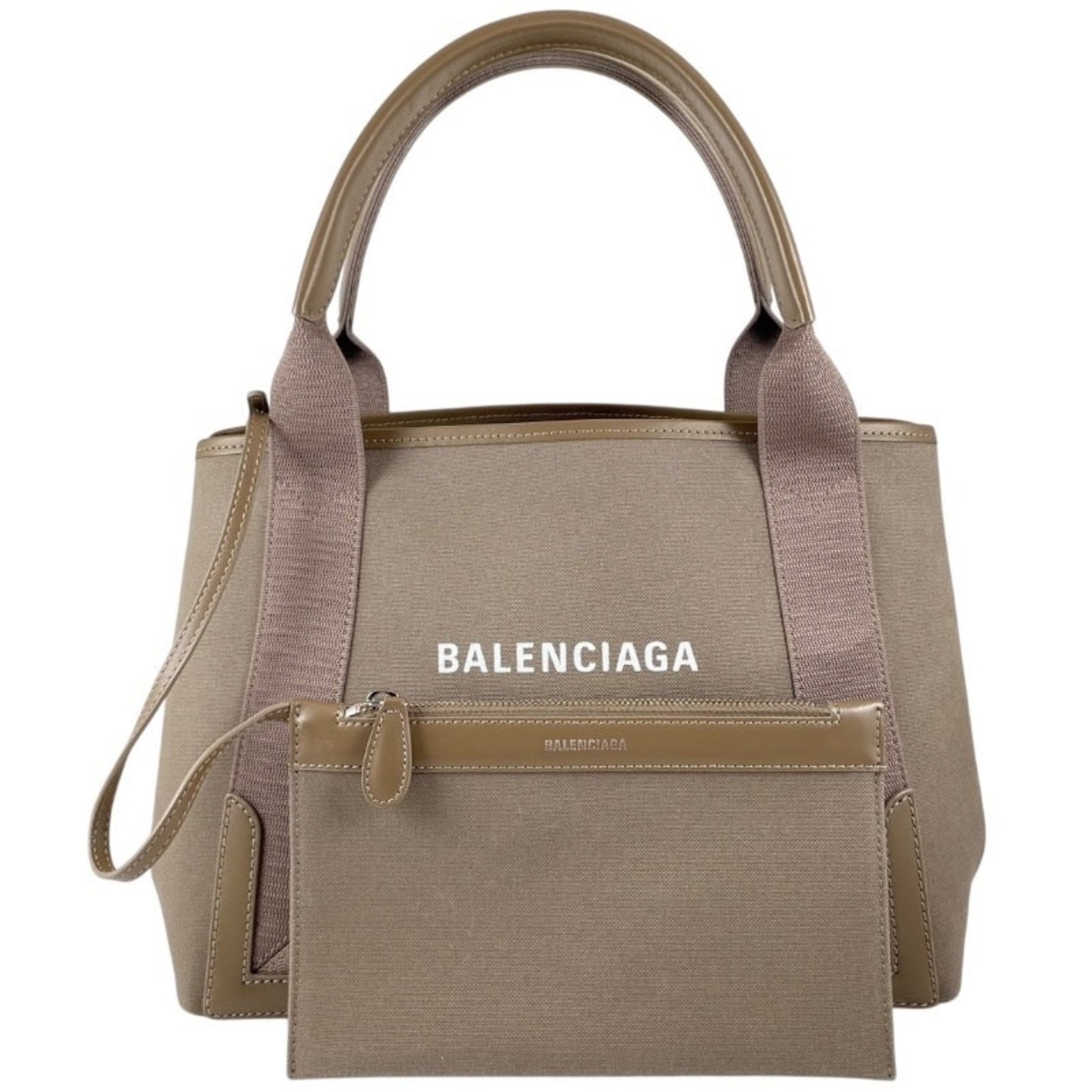 BALENCIAGA Navy Cabas Canvas Handbag, Women's, Beige/Greige Tote Bag with Pouch