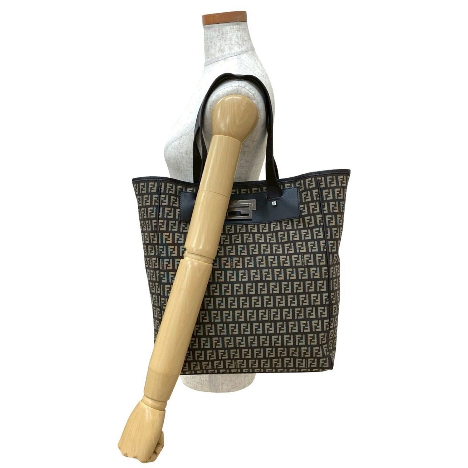 FENDI Zucchino FF pattern logo hardware canvas and leather tote bag/semi-shoulder bag