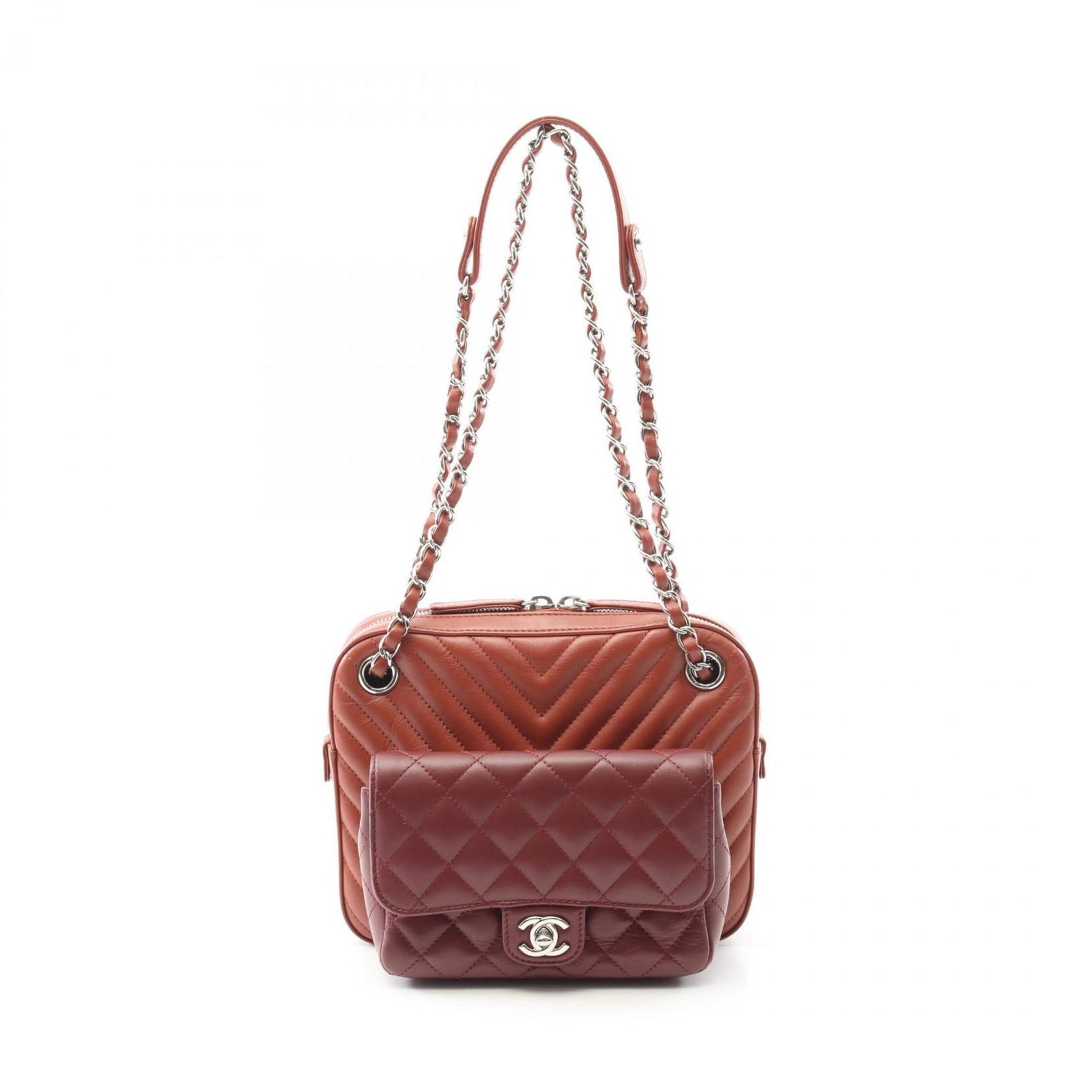 Chanel V-stitch chevron shoulder bag in lambskin leather, available brown and burgundy tones.