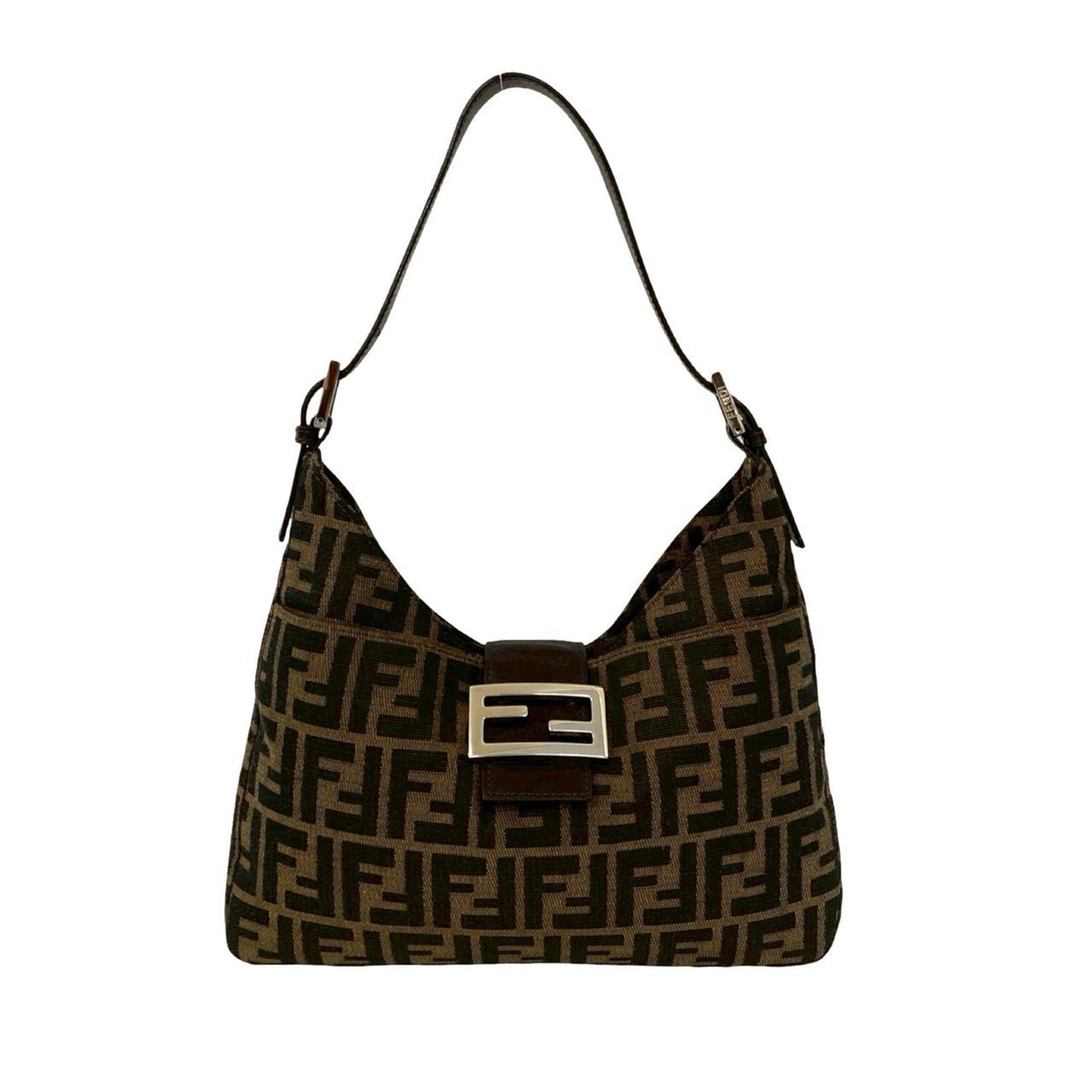 FENDI Mamma Bucket FF logo pattern leather canvas semi-shoulder bag handbag brown