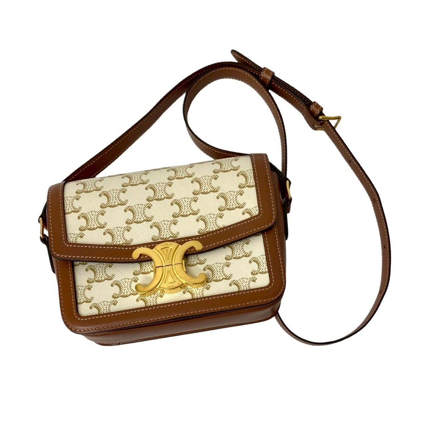 CELINE Teen Triomphe Leather Shoulder Bag/Pochette/Sacoche in White and Brown
