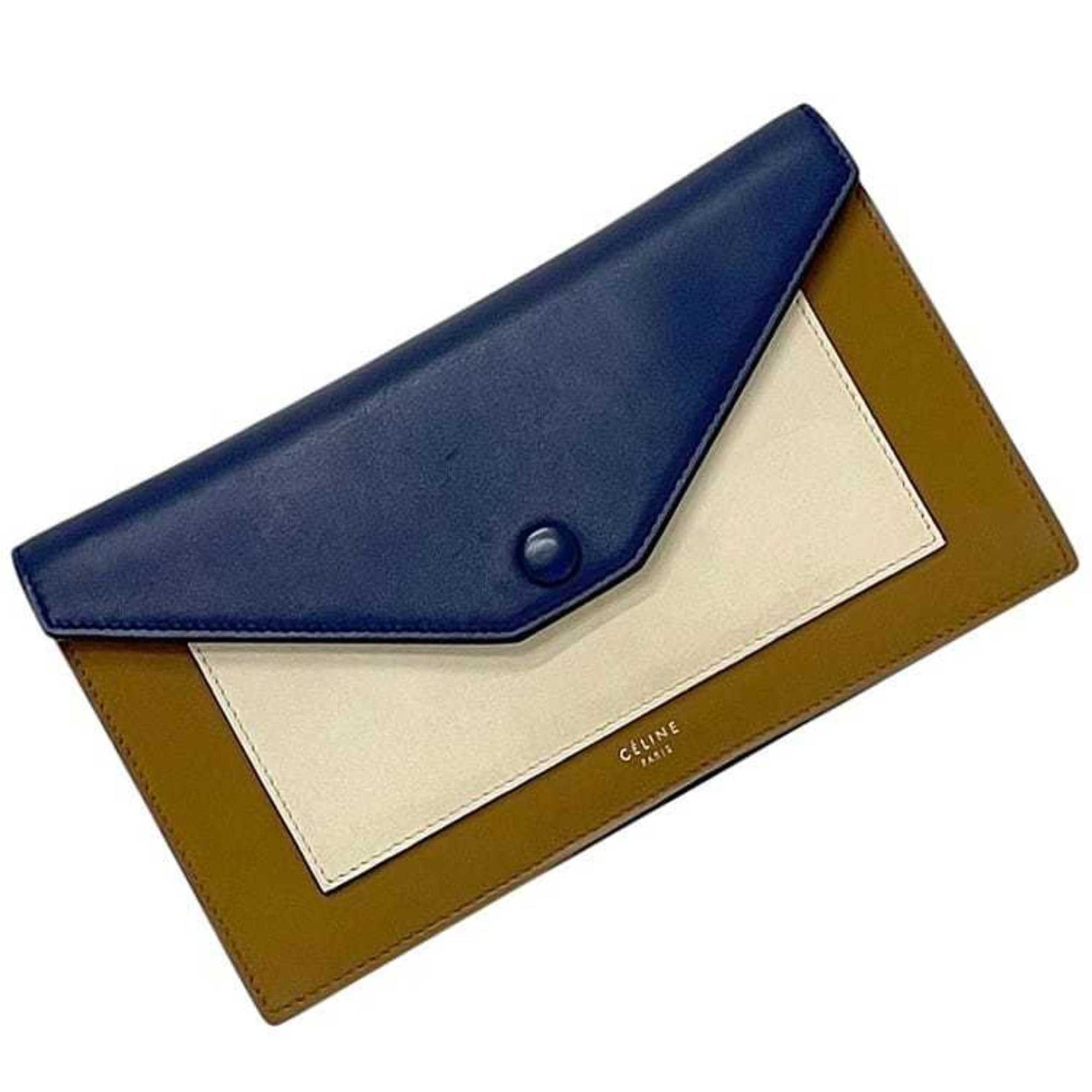 Celine Bifold Long Wallet Brown, Navy, and White Leather Two-Tone Large Flap Navy Unisex