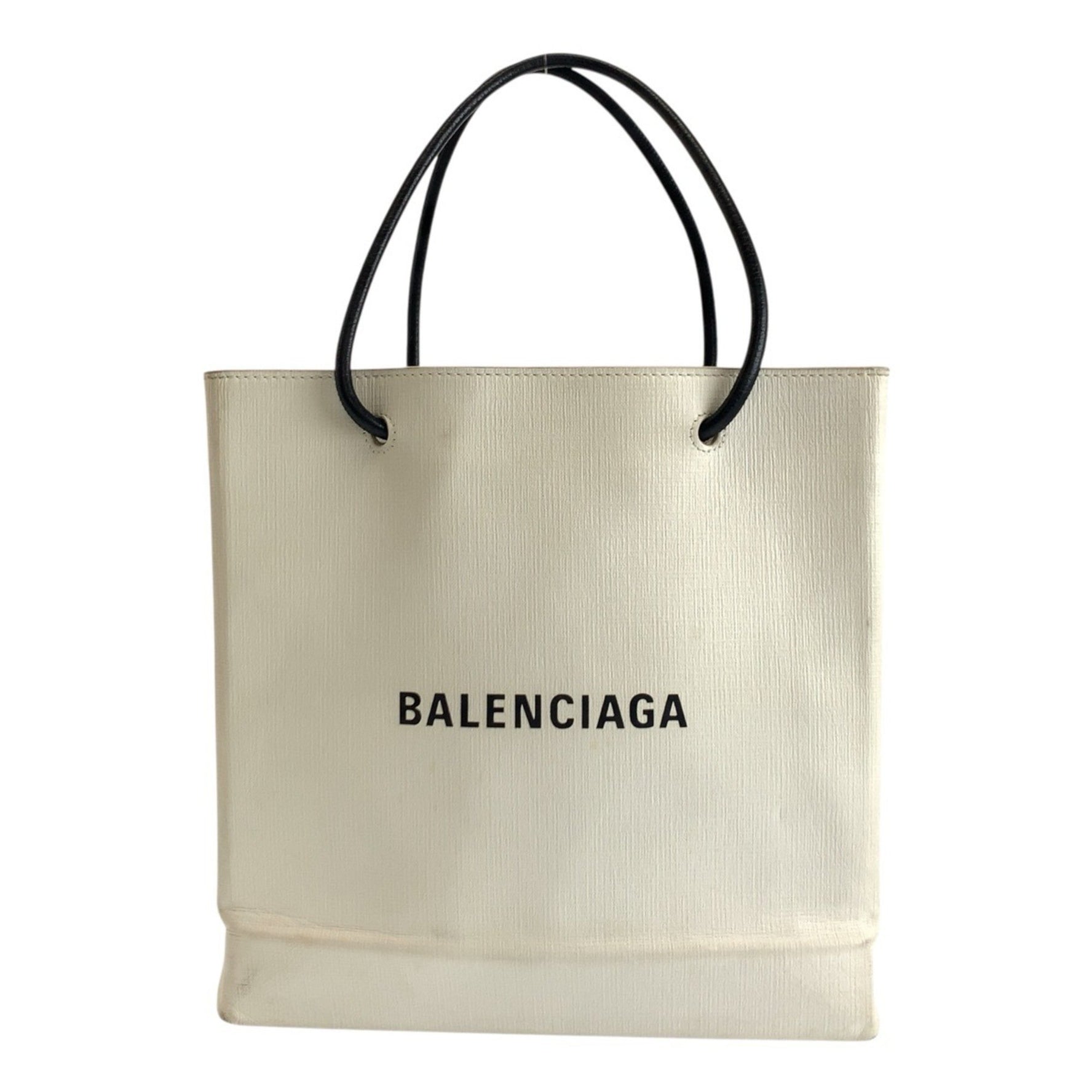 BALENCIAGA Tote Bag with Logo, White, Black, and Silver Hardware, Leather, 491660/9060, Women's Handbag