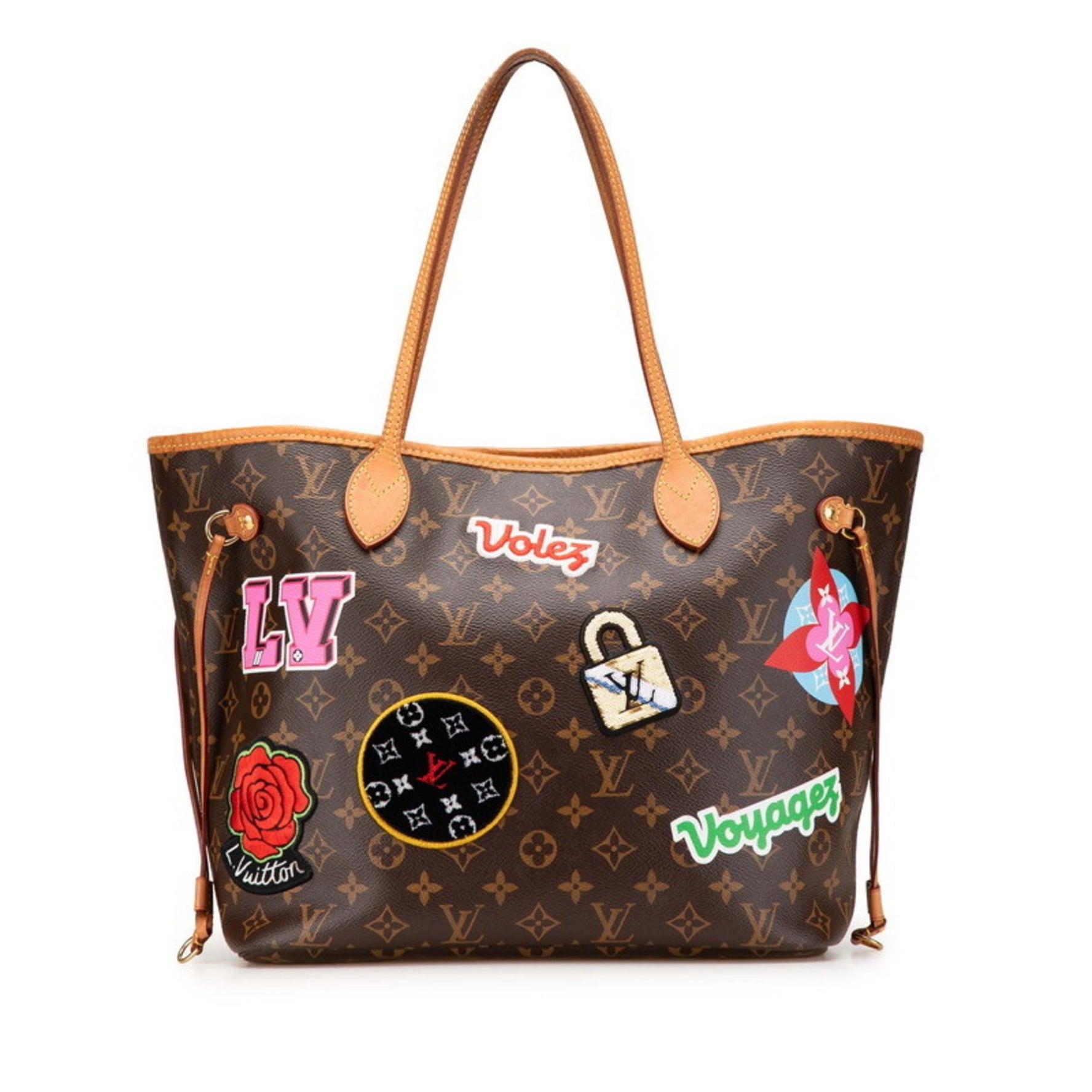 Louis Vuitton Monogram Neverfull MM Patches Shoulder Bag Tote Brown Multicolor Leather