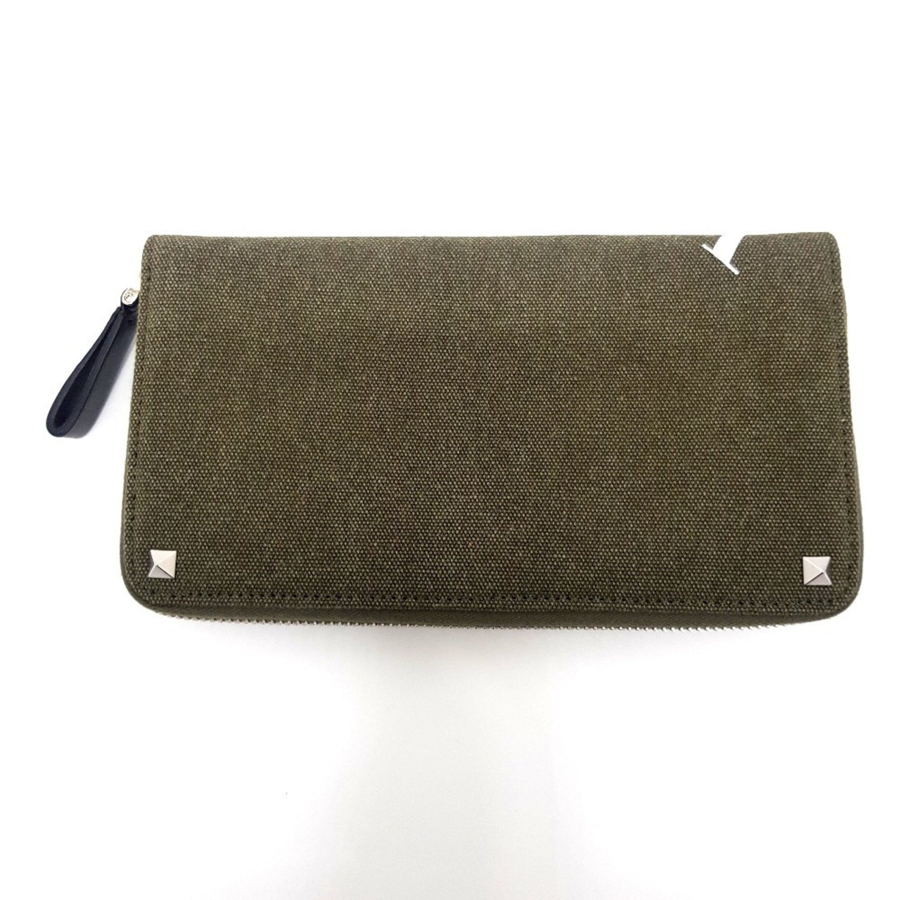 Valentino Garavani Studded VLTN Print Round Long Wallet Canvas x Leather Men's Khaki White