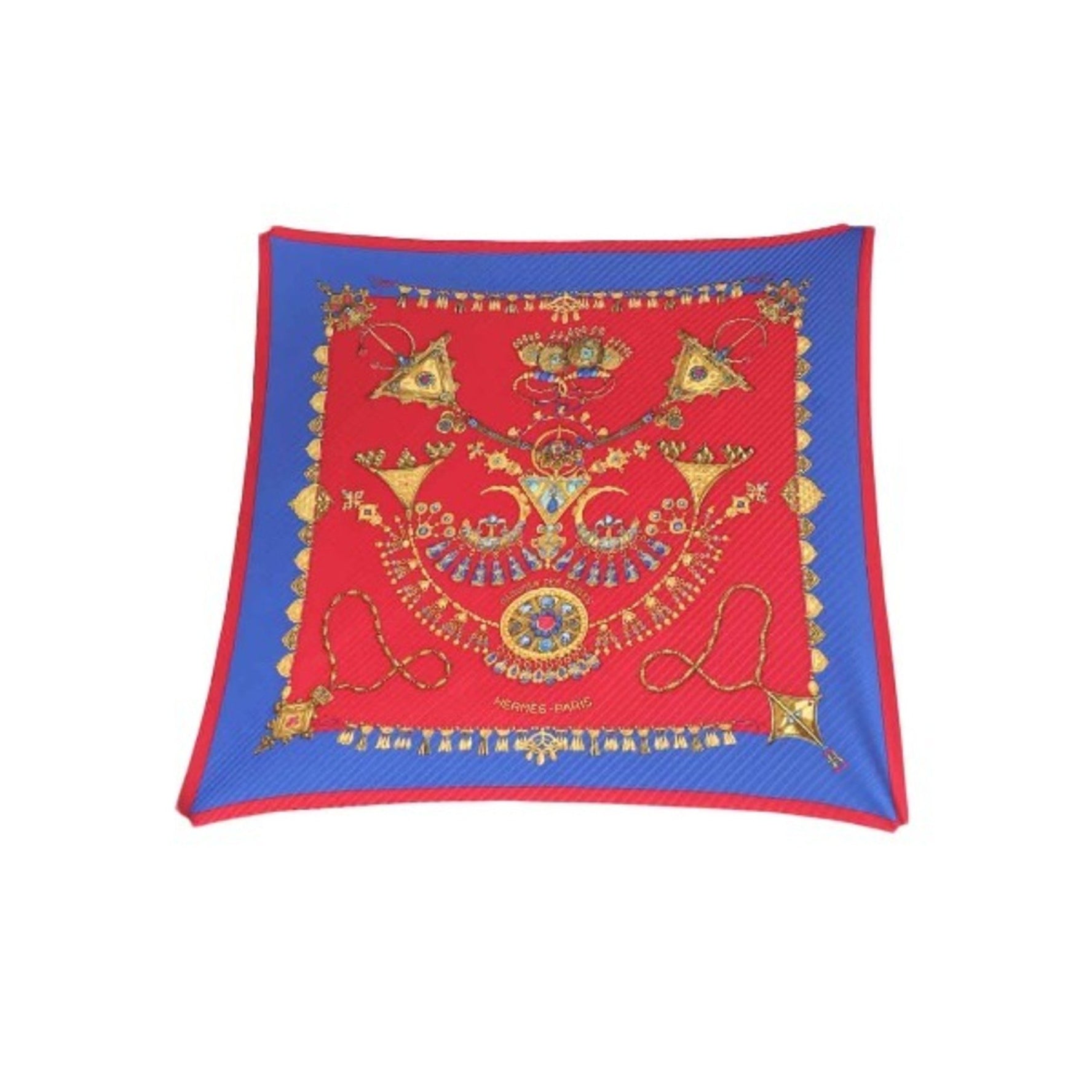 HERMES Pleated Scarf Carre Jewelry Pattern Blue x Red