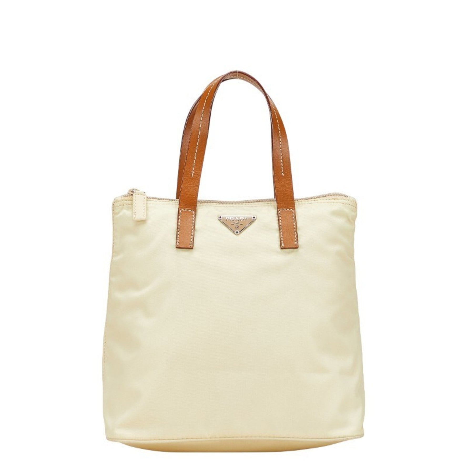 Prada Triangle Logo Plate Tote Bag in Beige and Brown Nylon Leather