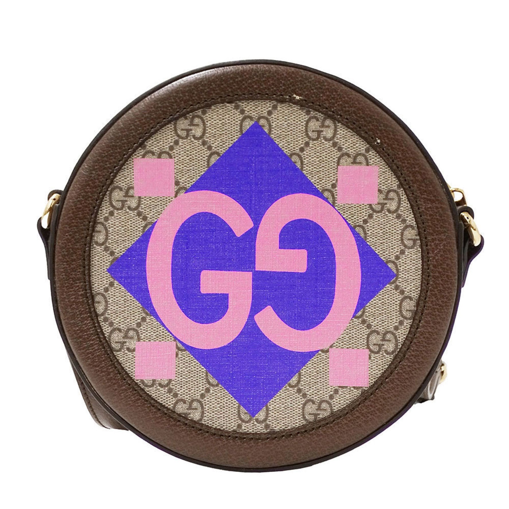 Gucci Ophidia GG Supreme Canvas Shoulder Bag in Brown and Multicolor. Round, crossbody style.