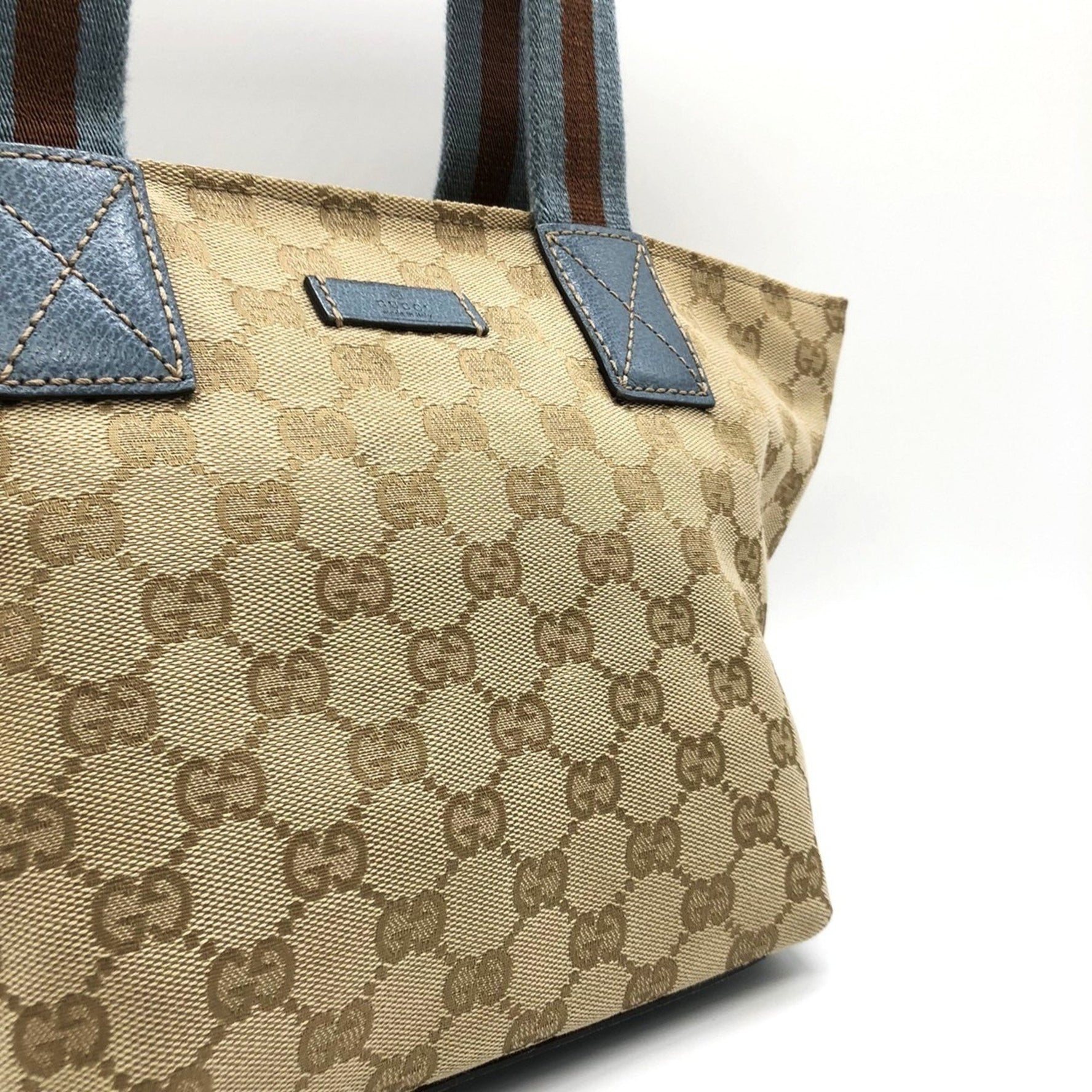 GUCCI Handbag Tote, Sherry Line, GG Canvas, Light Blue and Brown, for Men Women