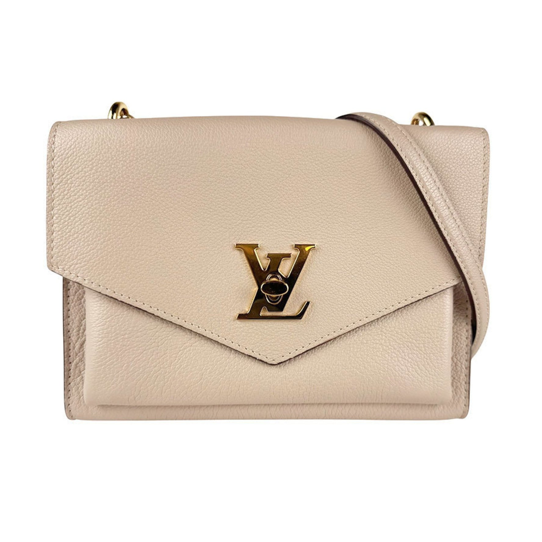 Louis Vuitton My Lock Me Shoulder Bag with Chain, Leather, Metal, Greige, and Gold