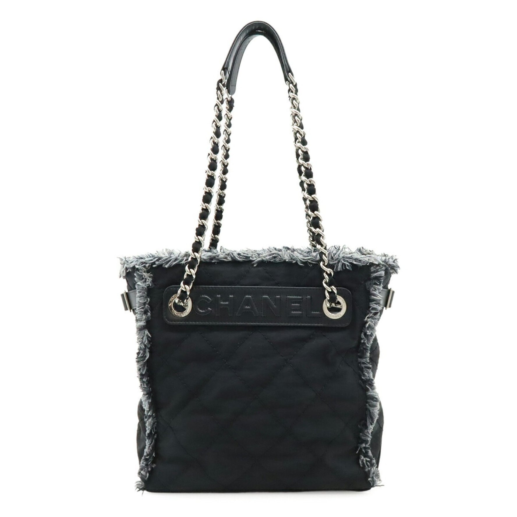 CHANEL Matelasse Shoulder Bag Chain Tote Nylon Canvas Black