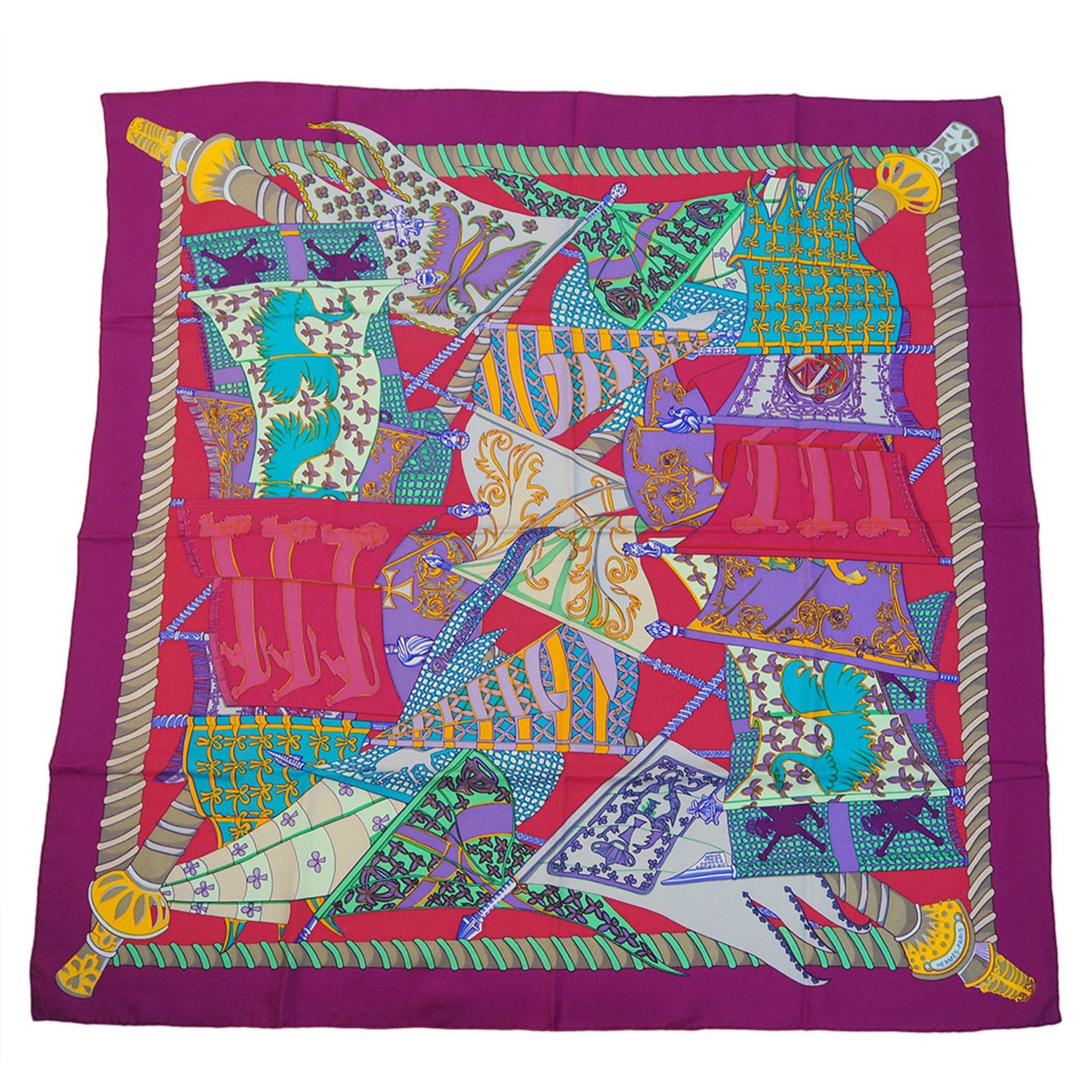 Hermes Carre 90 Etendards et Bonnieres Flag Purple x Pink Silk Scarf Muffler Women's