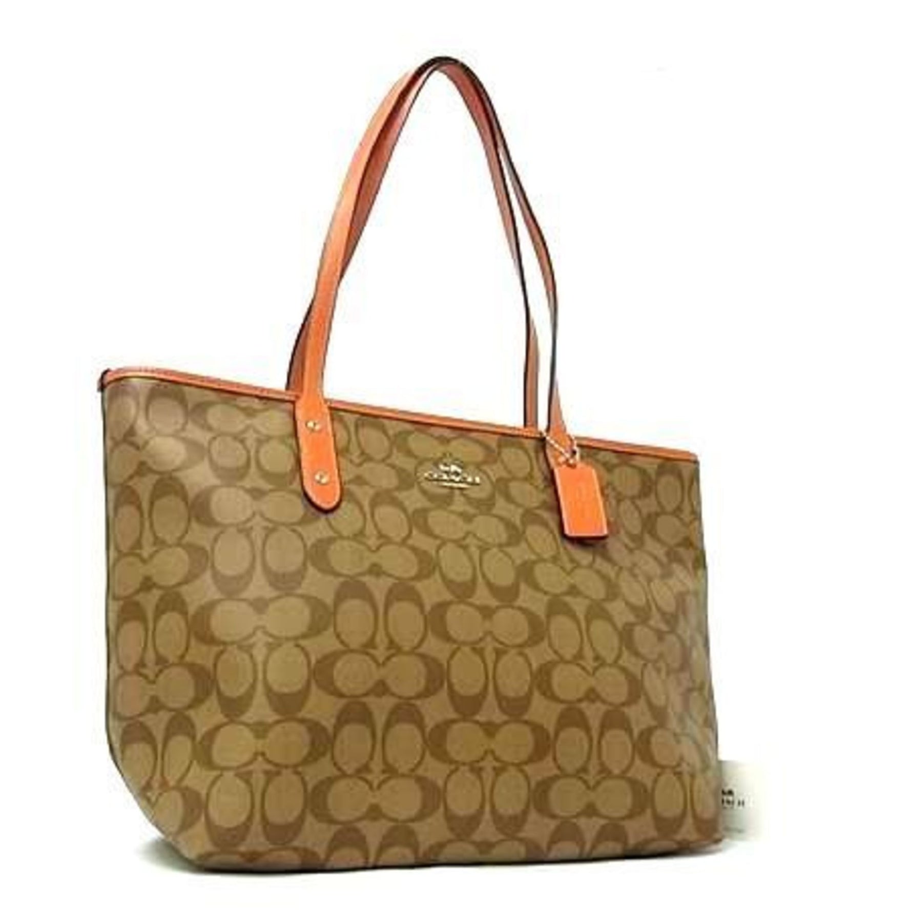 COACH Signature Tote Bag in Brown and Orange with Leather