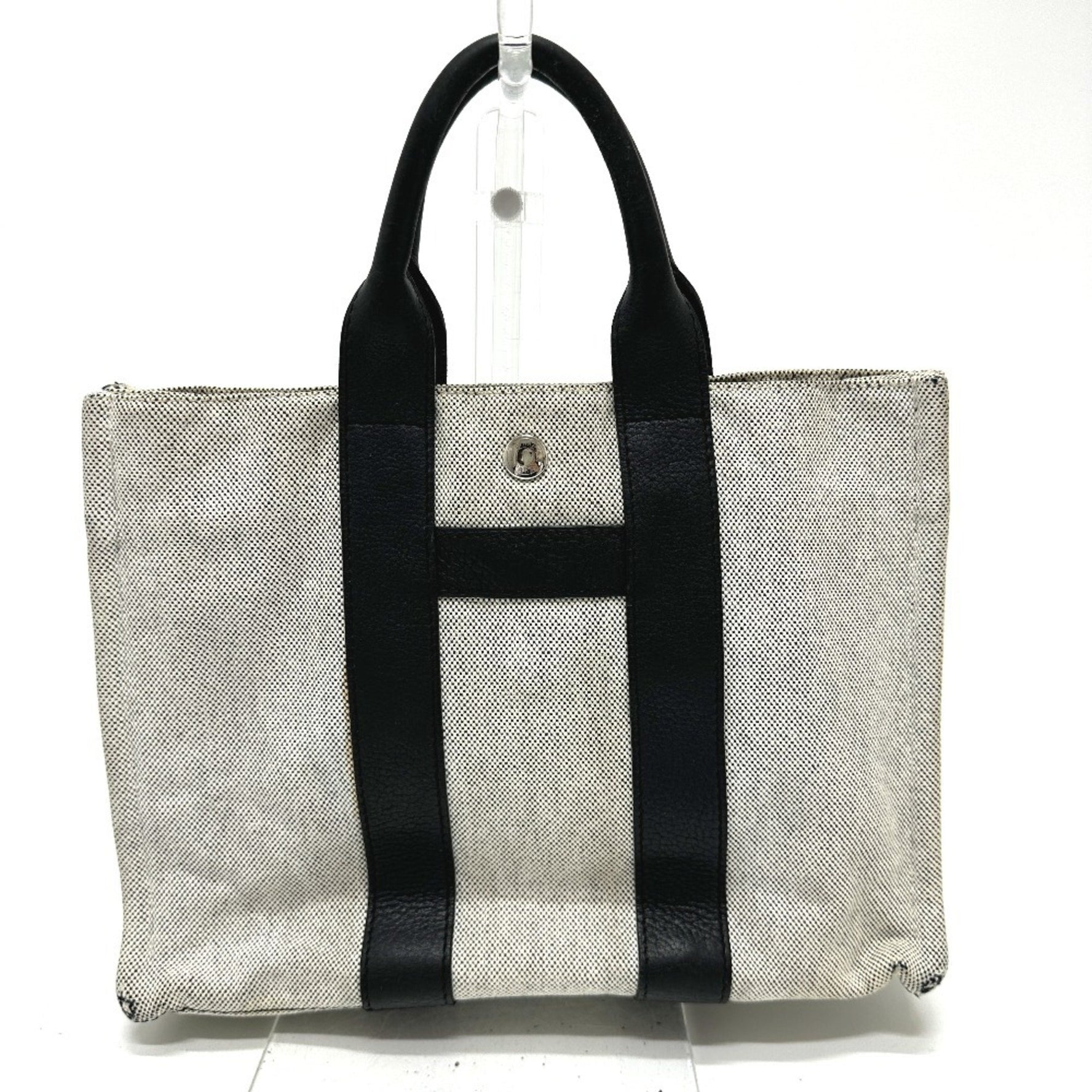 HERMES Sac Arne PM Handbag/Tote Bag in Toile H Leather (Grey)