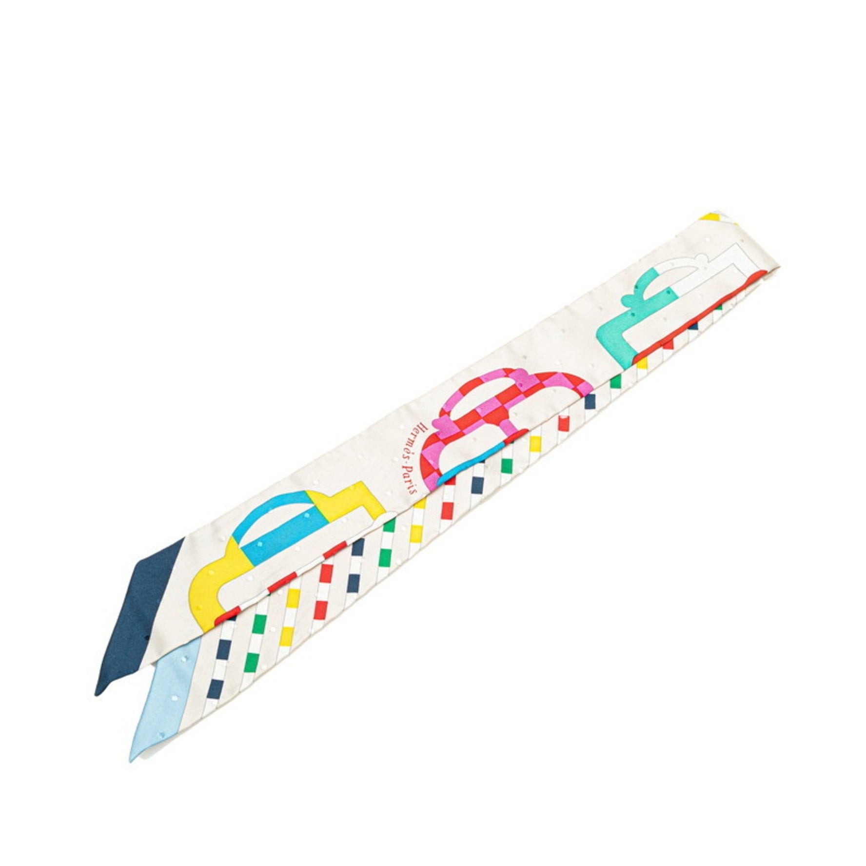 Hermès Twilly Bouclerie Moderne Modern Buckle Scarf, Ivory, Gray, Multicolor Silk, HERMES