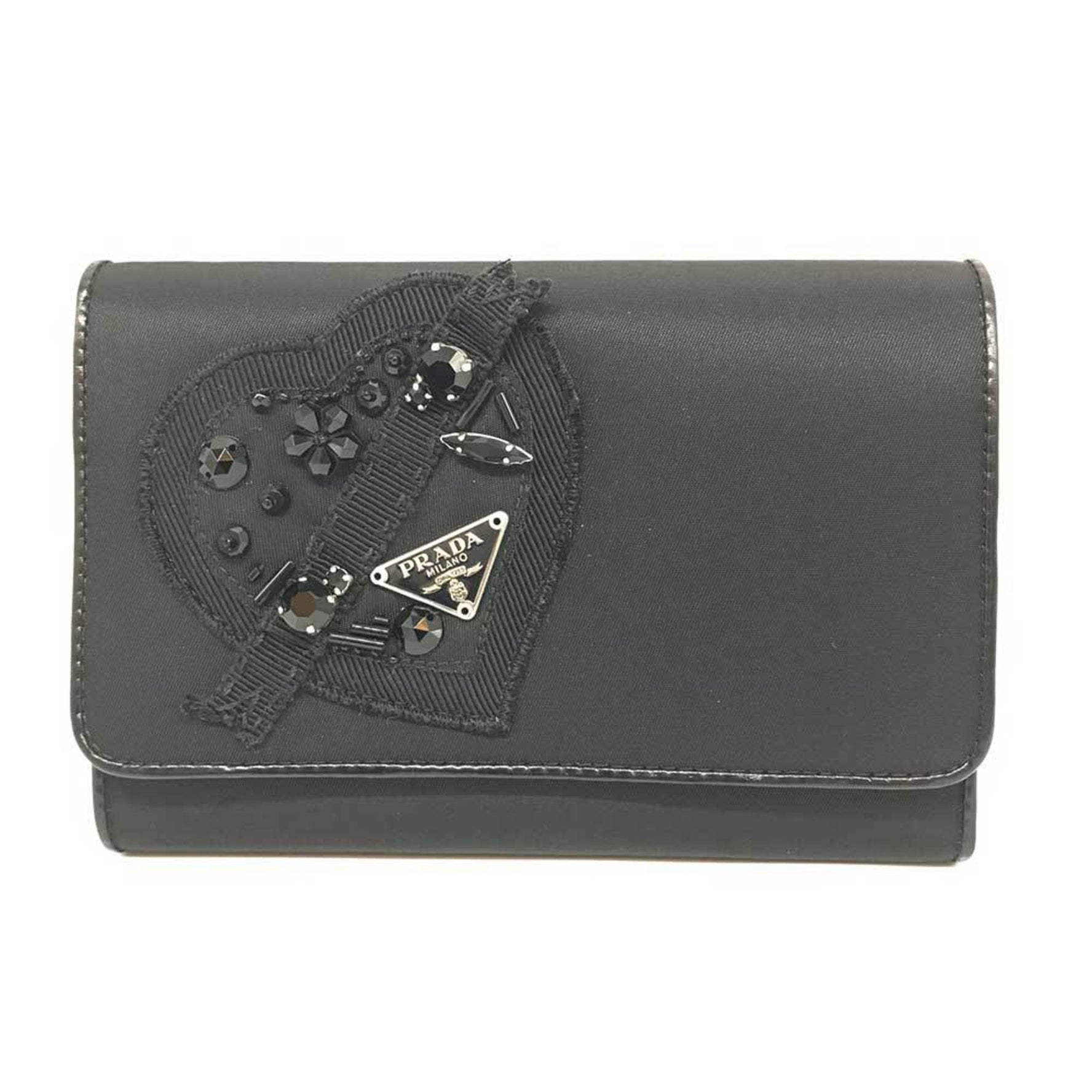 Prada Tessuto Black Nylon Heart Motif Women's Jeweled PRADA