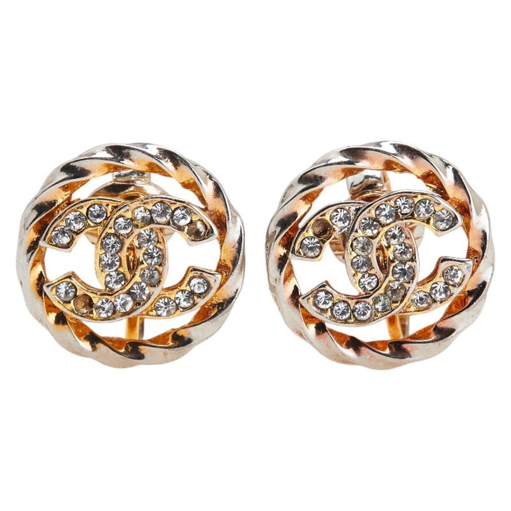 Chanel Coco Mark Rhinestone Round Earrings in Silver and Gold Plated Metal