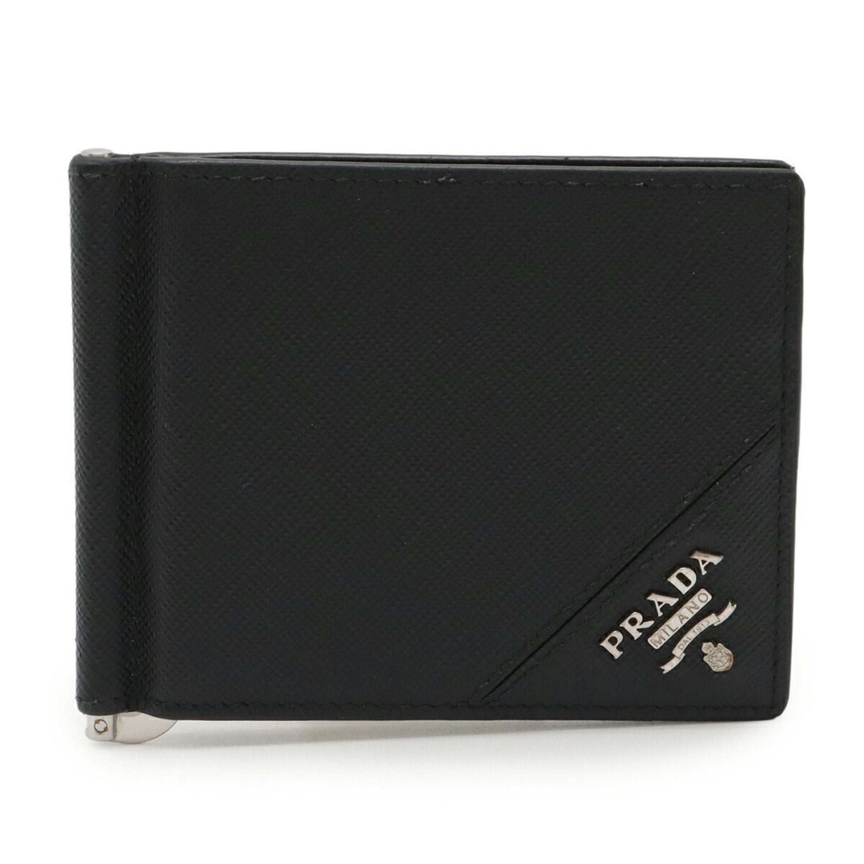 PRADA SAFFIANO METAL Bi-fold Wallet with Money Clip, Black Leather, NERO