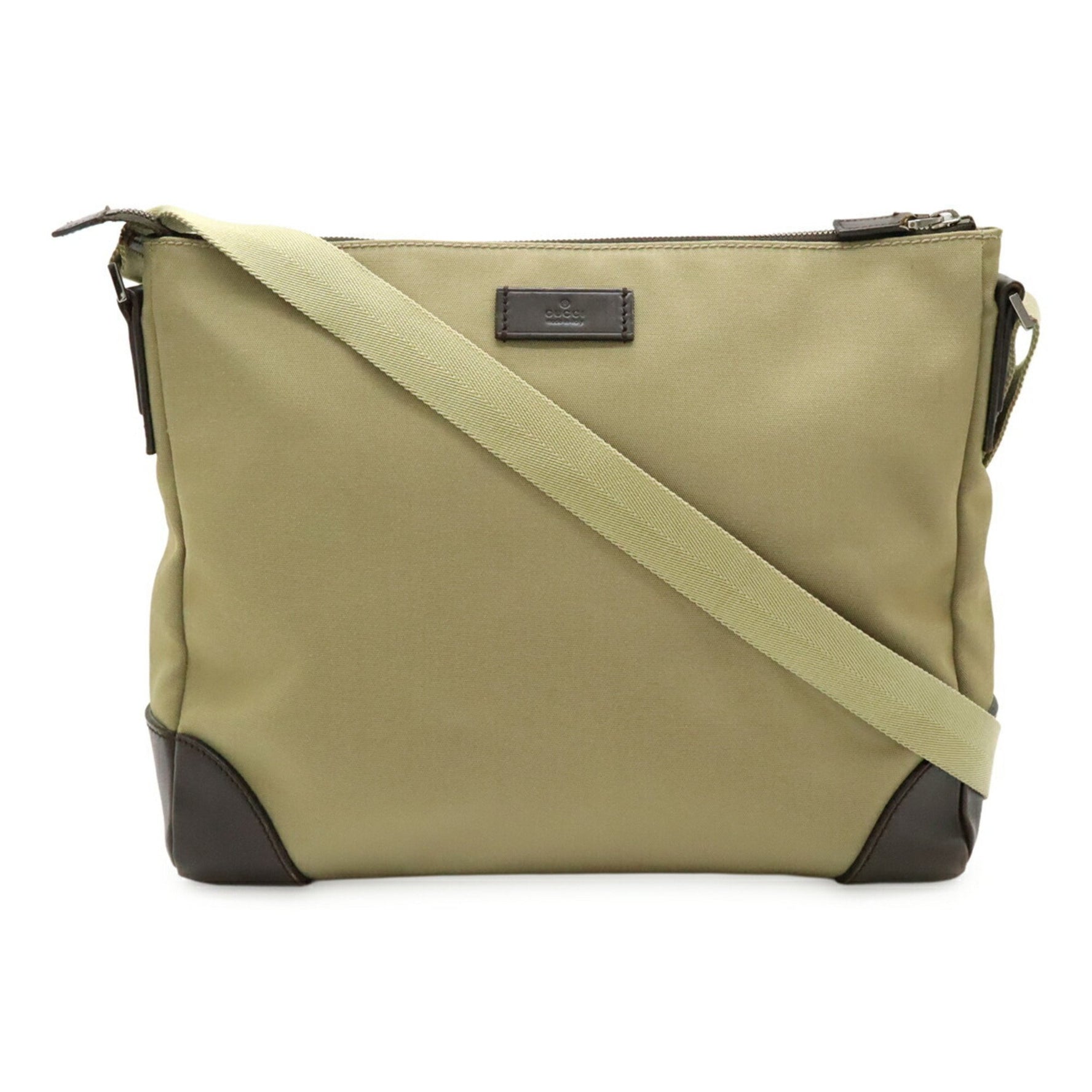 GUCCI Shoulder Bag, Nylon Canvas, Leather, Khaki Beige, Dark Brown