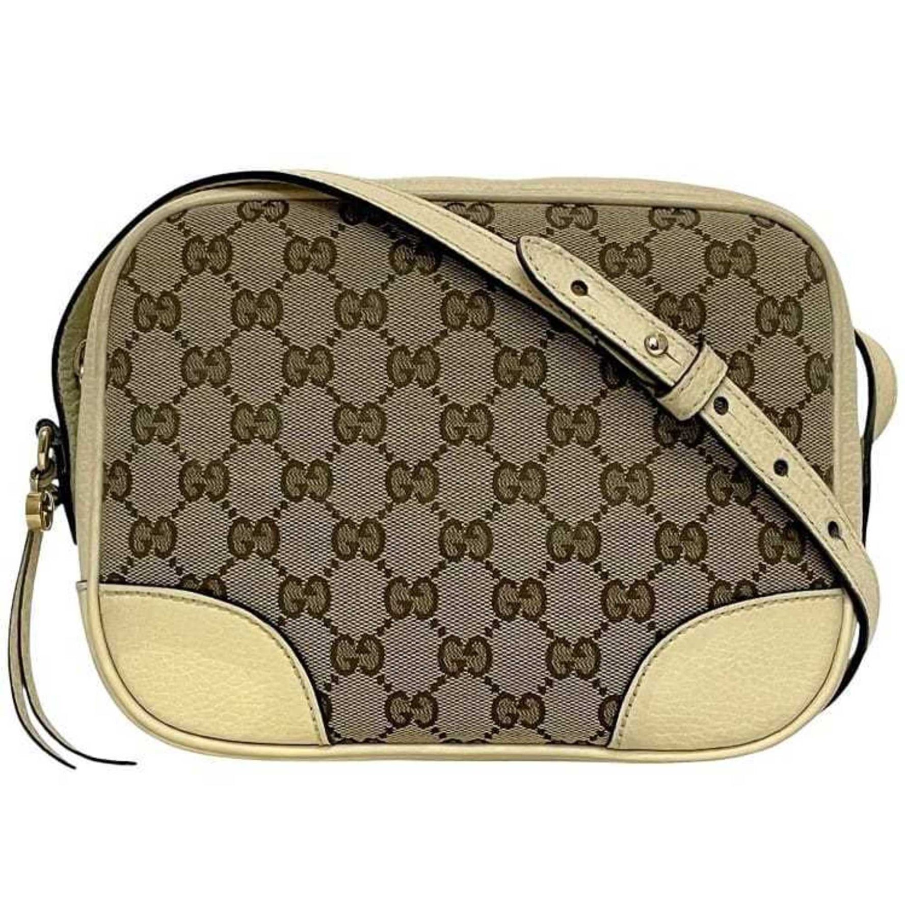 Gucci Shoulder Bag Beige Cream White Canvas Leather Crossbody GG