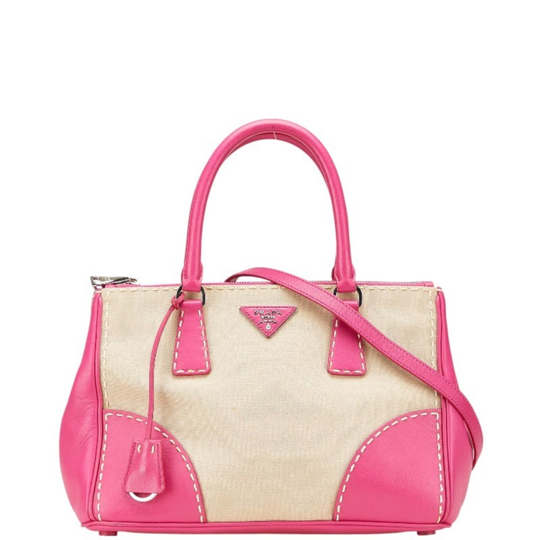 Prada Canapa City Triangle Logo Plate Handbag/Shoulder Bag, 2-Way, B1801K, Pink/Beige Canvas and Leather, Women's, PRADA