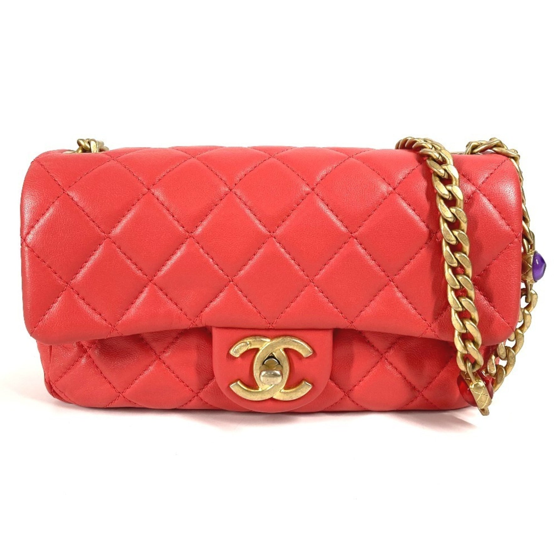 CHANEL CC Coco Mark Matelasse Jeweled Double Chain Bag with Flap Shoulder in Lambskin, Red