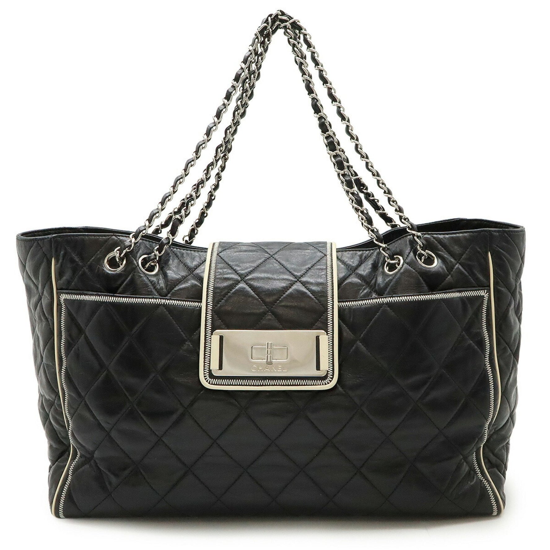 CHANEL 2.55 Matelasse Turnlock Tote Bag Shoulder Double Chain Calf Leather Black White